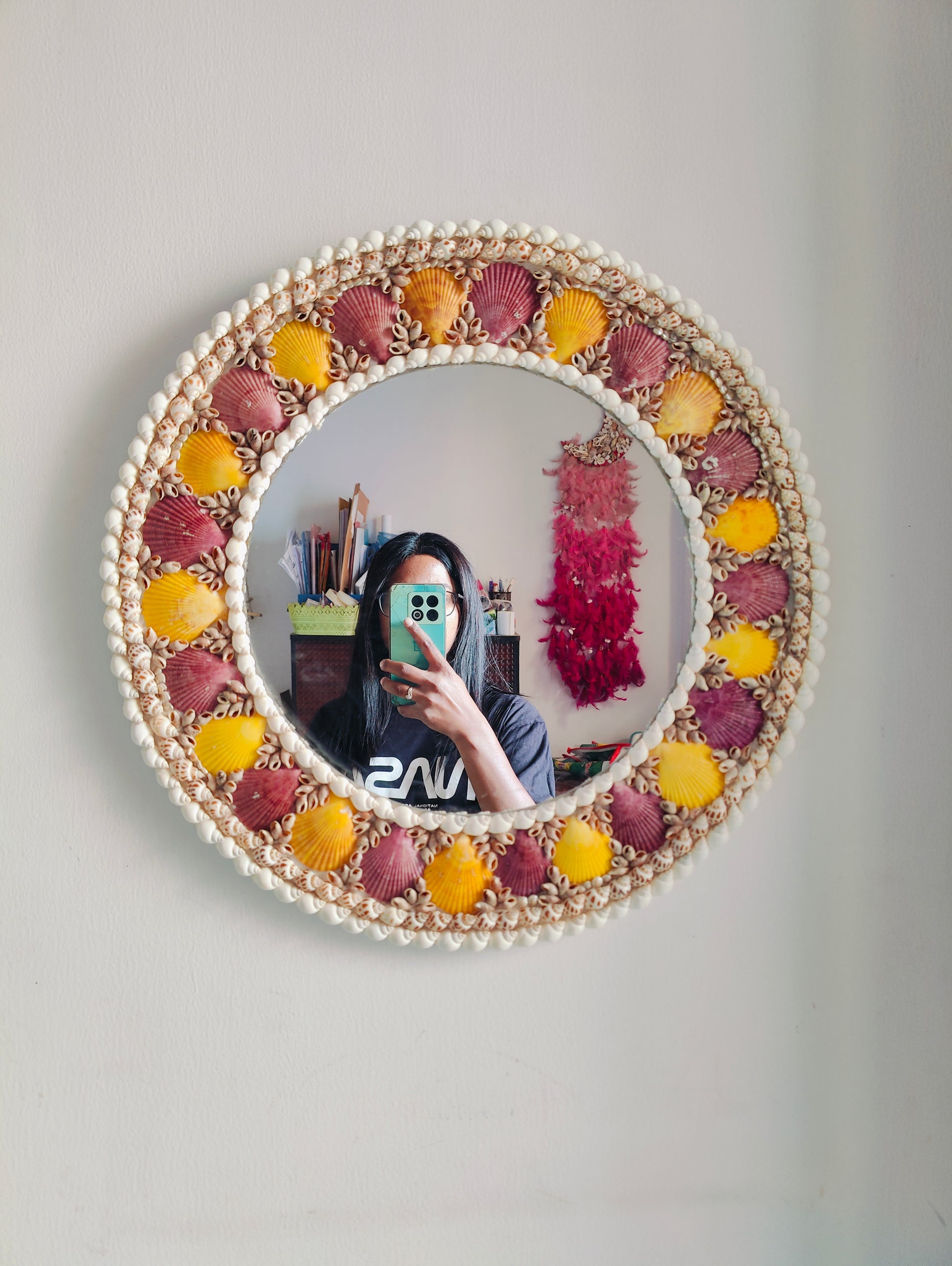 Handcrafted Seashell Wall Mirror – Round Coastal Decor with Yellow & Purple Shells - Shellkrafts