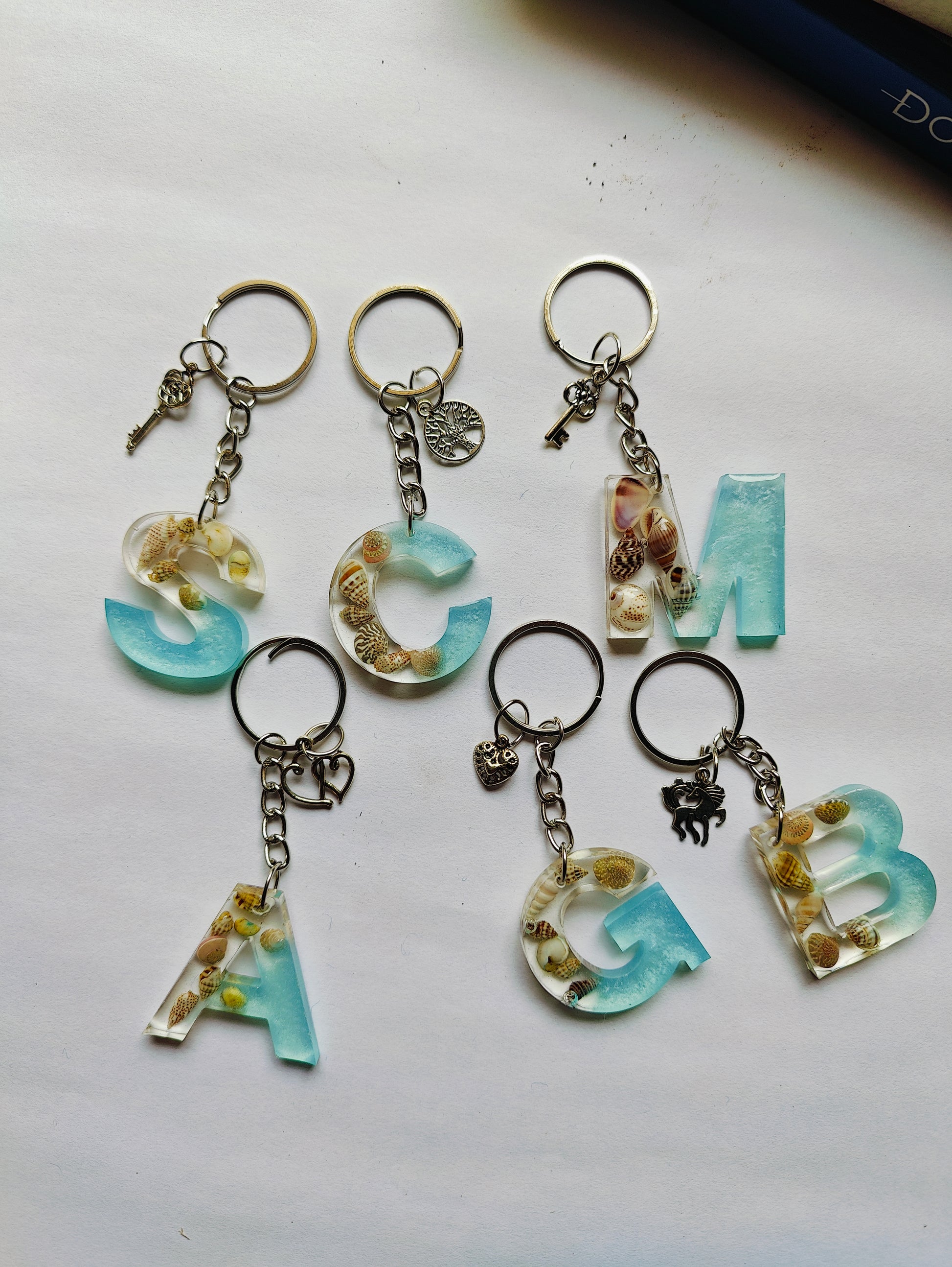 Resin Ocean Alphabet Keychain with Real Shells Vintage Key Charm