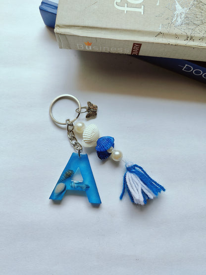 Ocean-Themed Resin Alphabet Keychain with Shell Beads & Tassel - Shellkrafts