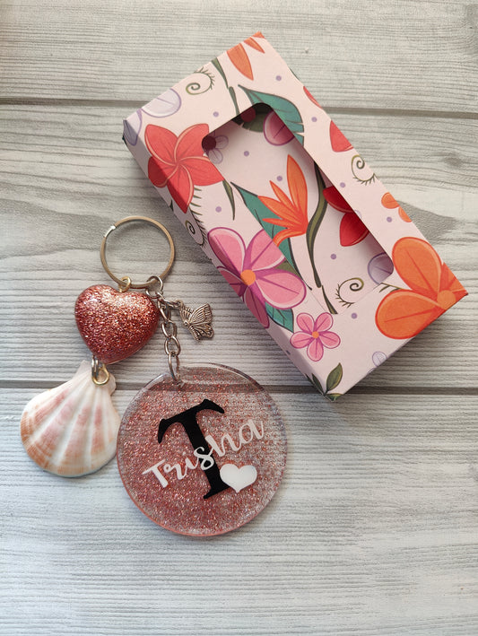 Personalized Glitter Keychain with Name, Shell Charm & Gift Box – Custom Name Keyring for Women & Girls - Shellkrafts