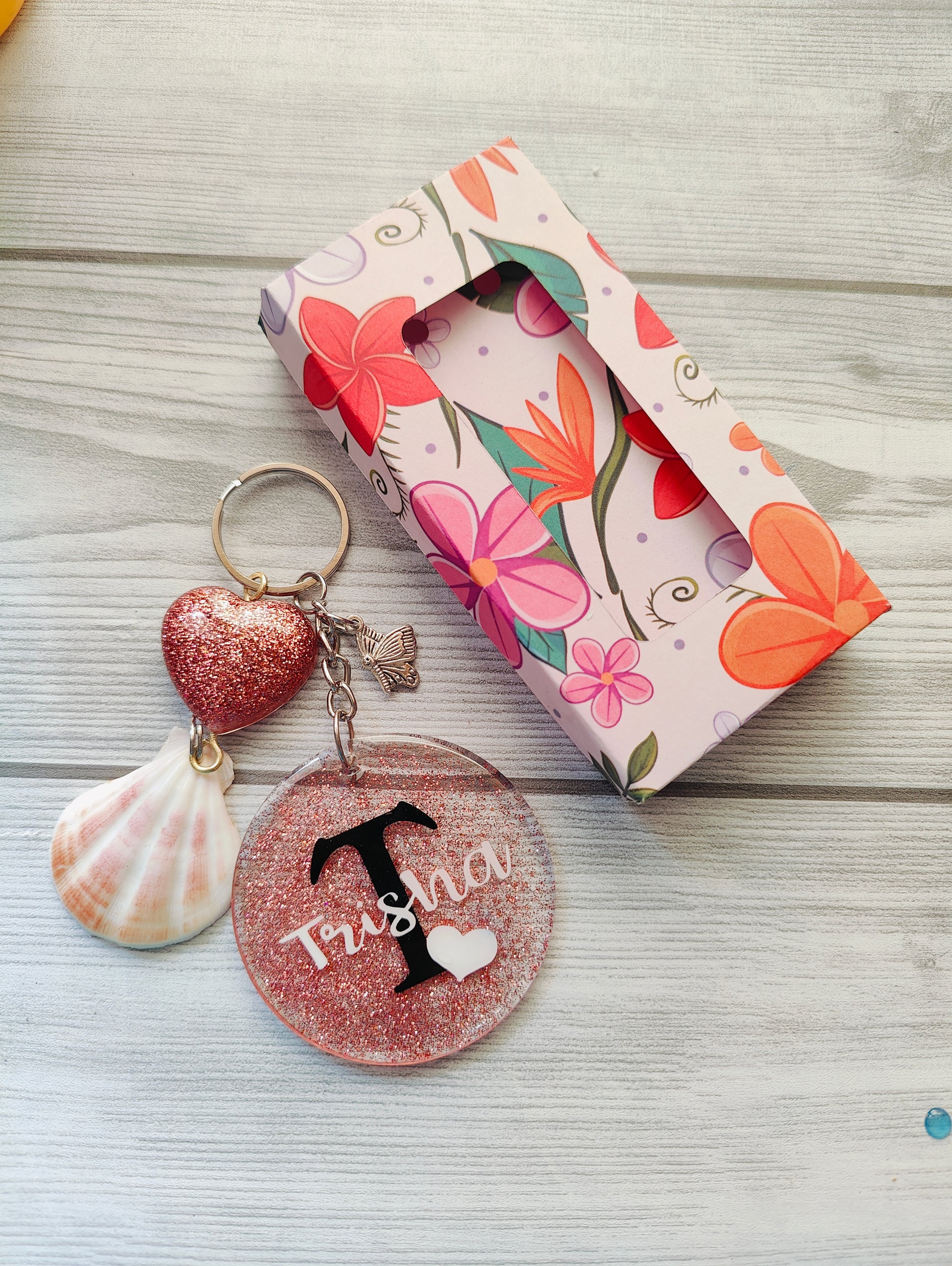 Personalized Glitter Keychain with Name, Shell Charm & Gift Box – Custom Name Keyring for Women & Girls - Shellkrafts
