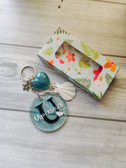Personalized Name Keychain – Custom Glitter Charm with Shell & Heart Accents - Shellkrafts
