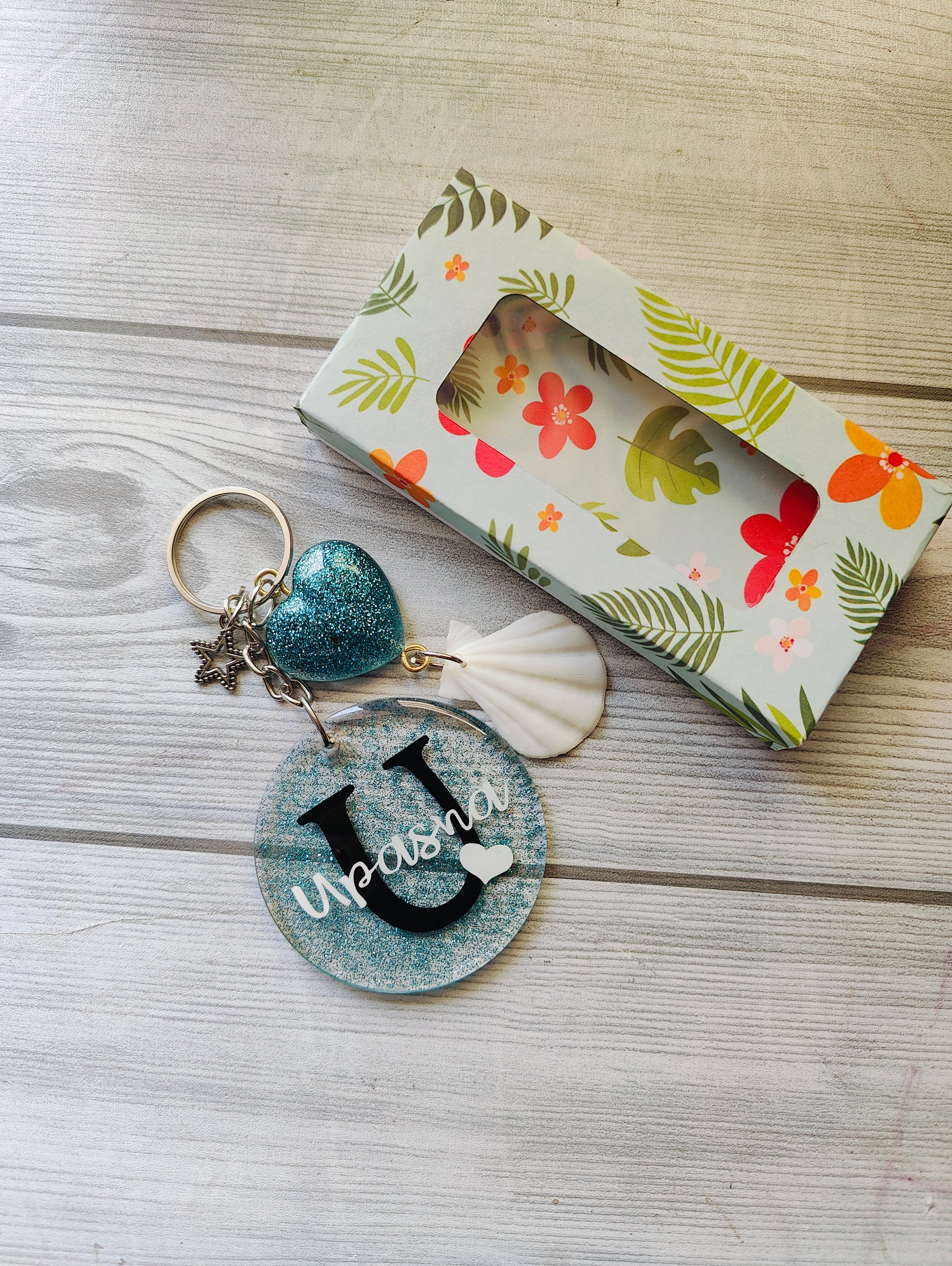 Personalized Name Keychain – Custom Glitter Charm with Shell & Heart Accents - Shellkrafts