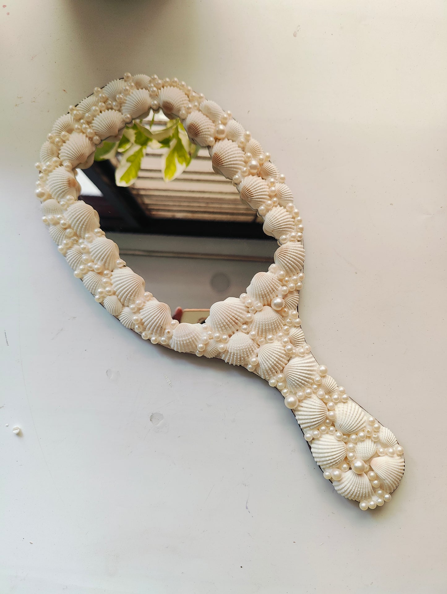 Handcrafted Seashell & Pearl Hand Mirror – Coastal Elegance in Your Palm 14inch - Shellkrafts