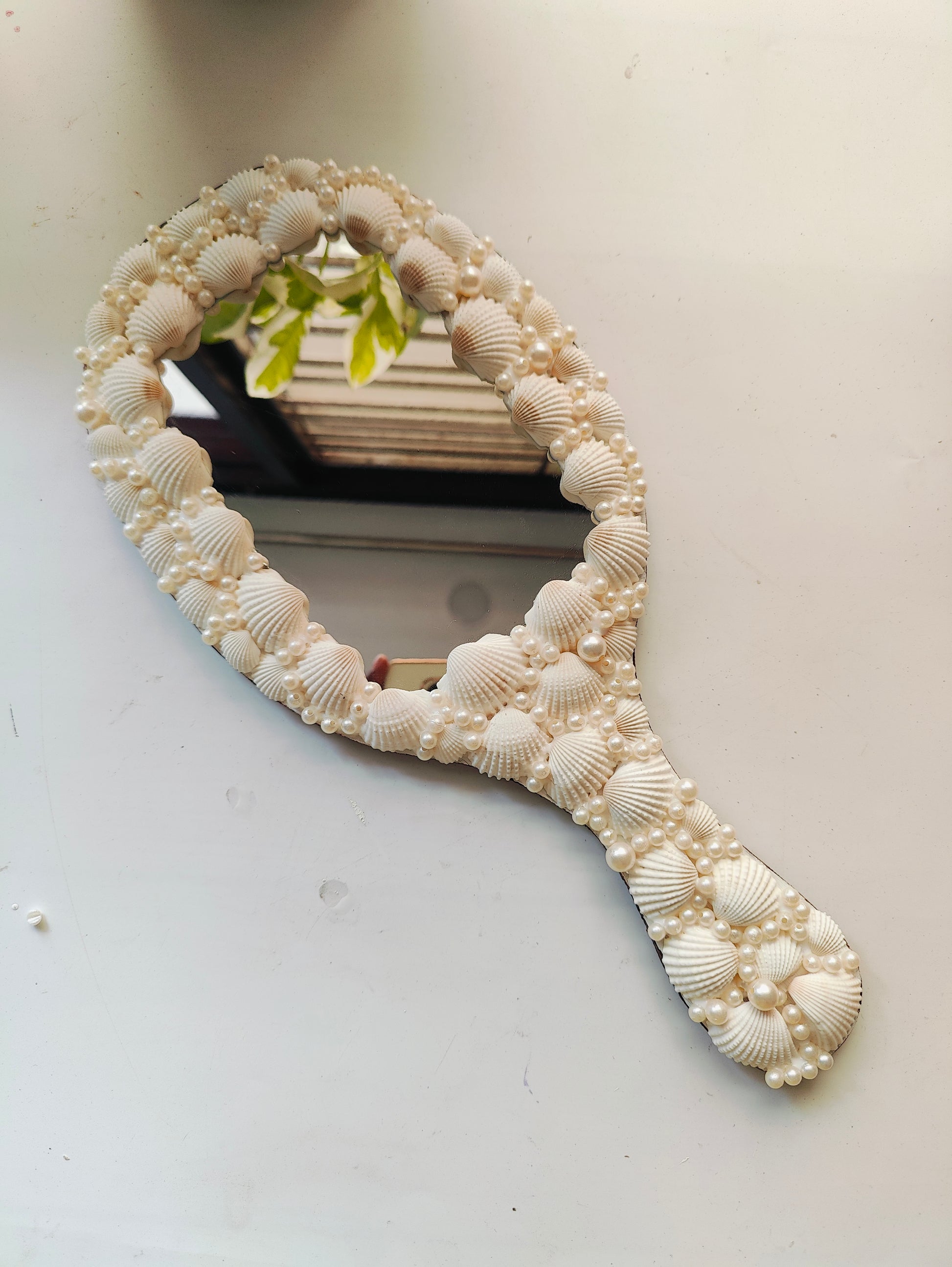 Handcrafted Seashell & Pearl Hand Mirror – Coastal Elegance in Your Palm 14inch - Shellkrafts