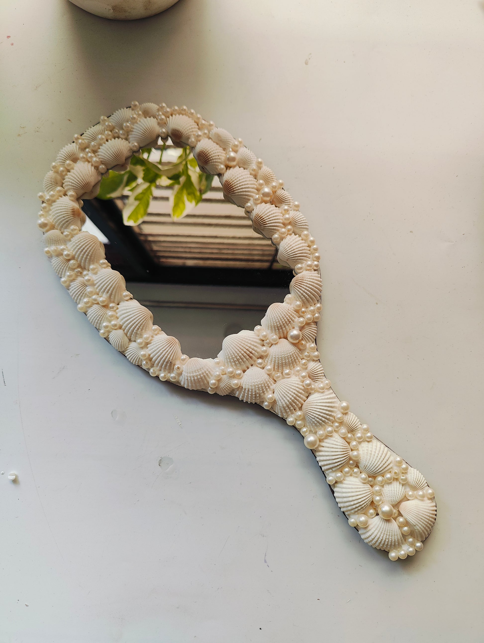 Handcrafted Seashell & Pearl Hand Mirror – Coastal Elegance in Your Palm 14inch - Shellkrafts