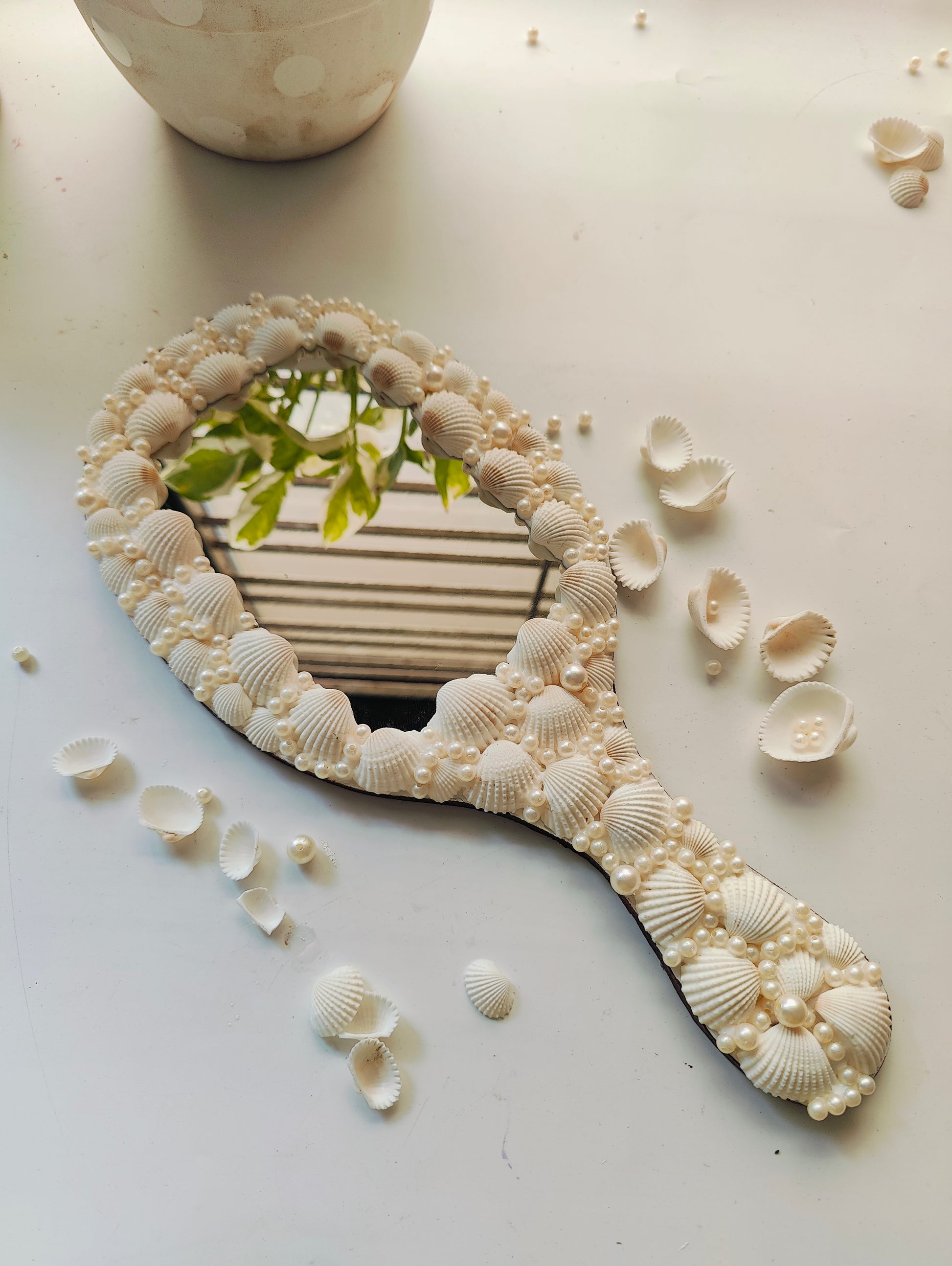 Handcrafted Seashell & Pearl Hand Mirror – Coastal Elegance in Your Palm 14inch - Shellkrafts