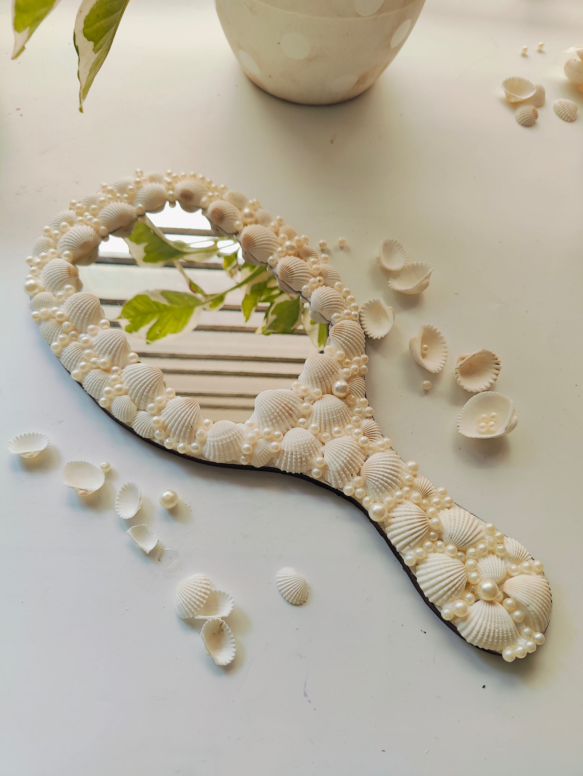 Handcrafted Seashell & Pearl Hand Mirror – Coastal Elegance in Your Palm 14inch - Shellkrafts