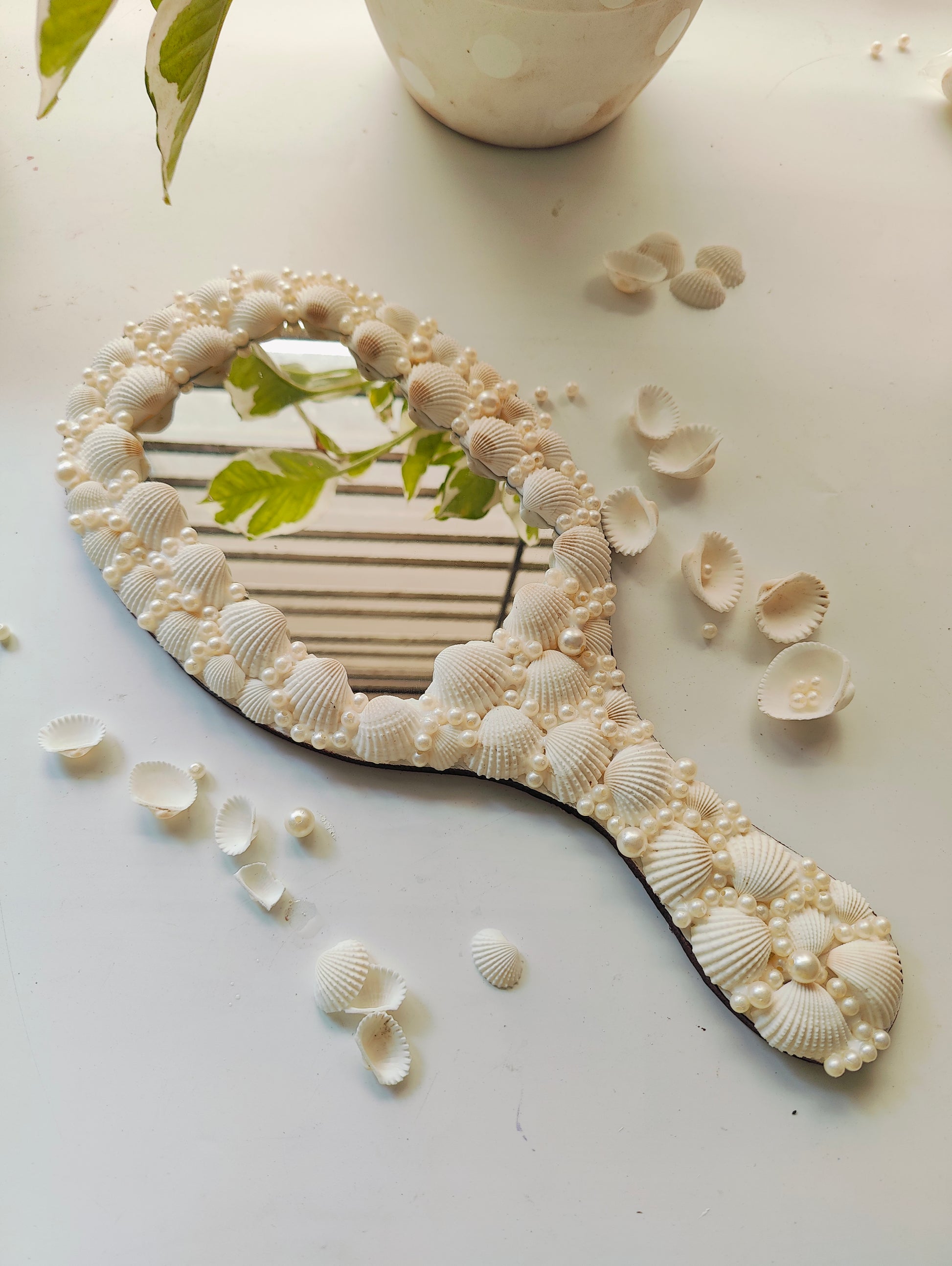Handcrafted Seashell & Pearl Hand Mirror – Coastal Elegance in Your Palm 14inch - Shellkrafts