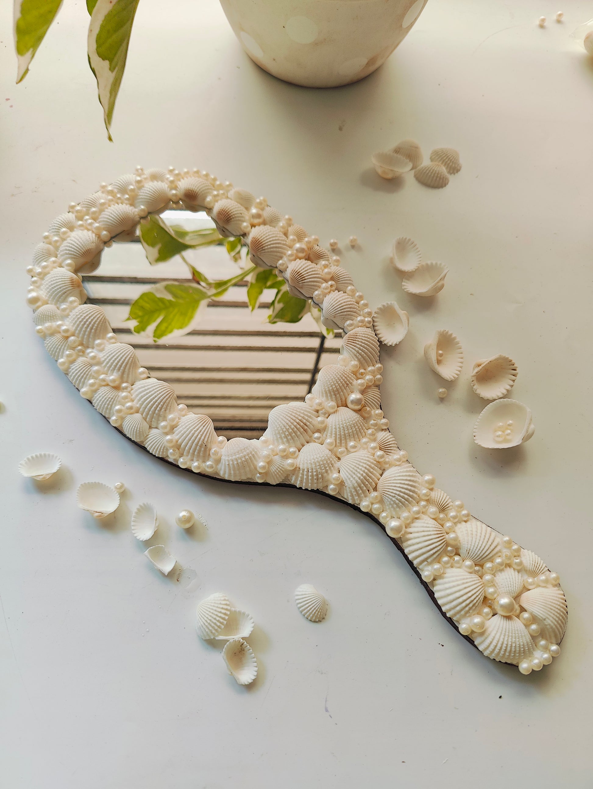 Handcrafted Seashell & Pearl Hand Mirror – Coastal Elegance in Your Palm 14inch - Shellkrafts