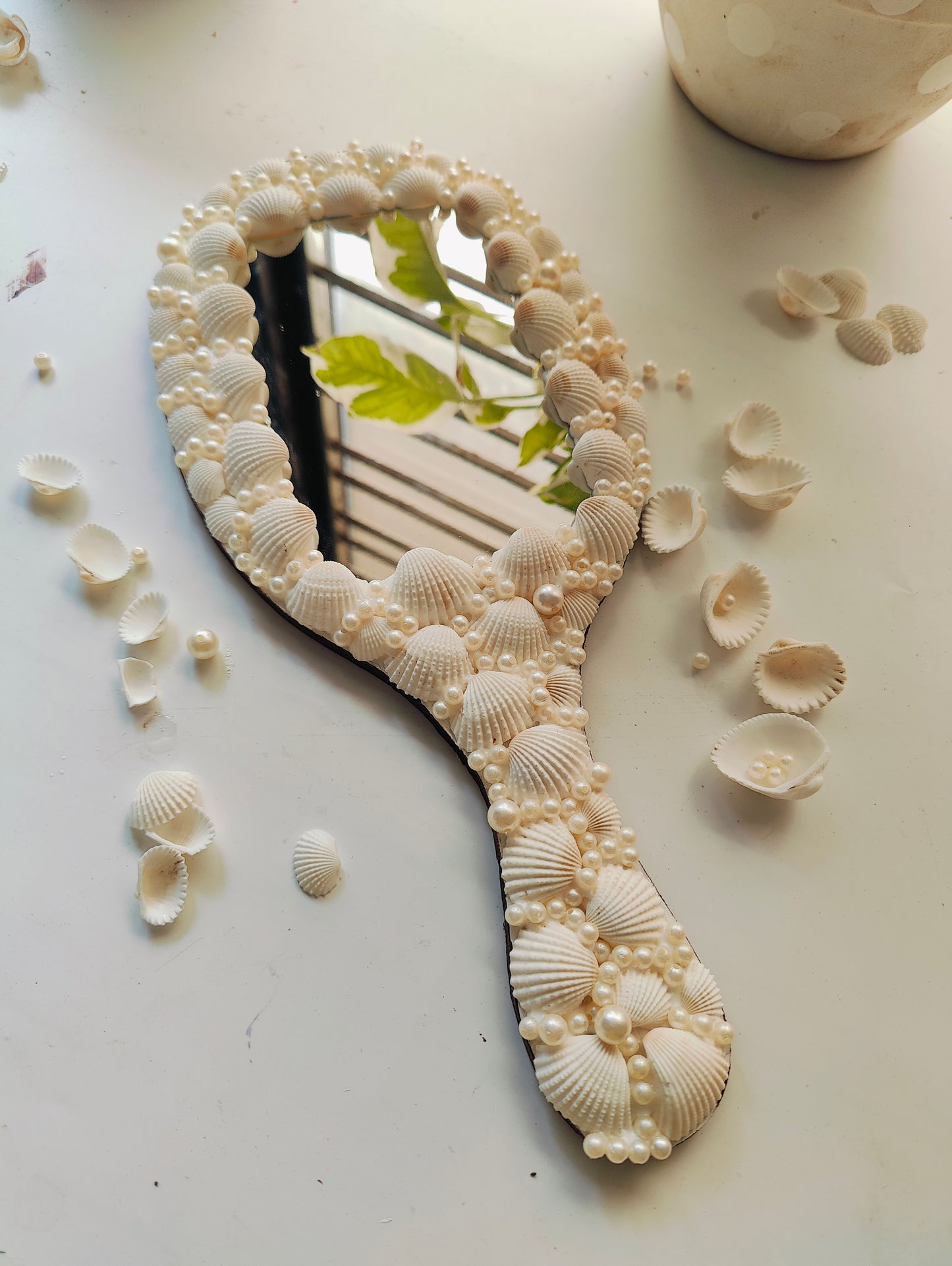 Handcrafted Seashell & Pearl Hand Mirror – Coastal Elegance in Your Palm 14inch - Shellkrafts