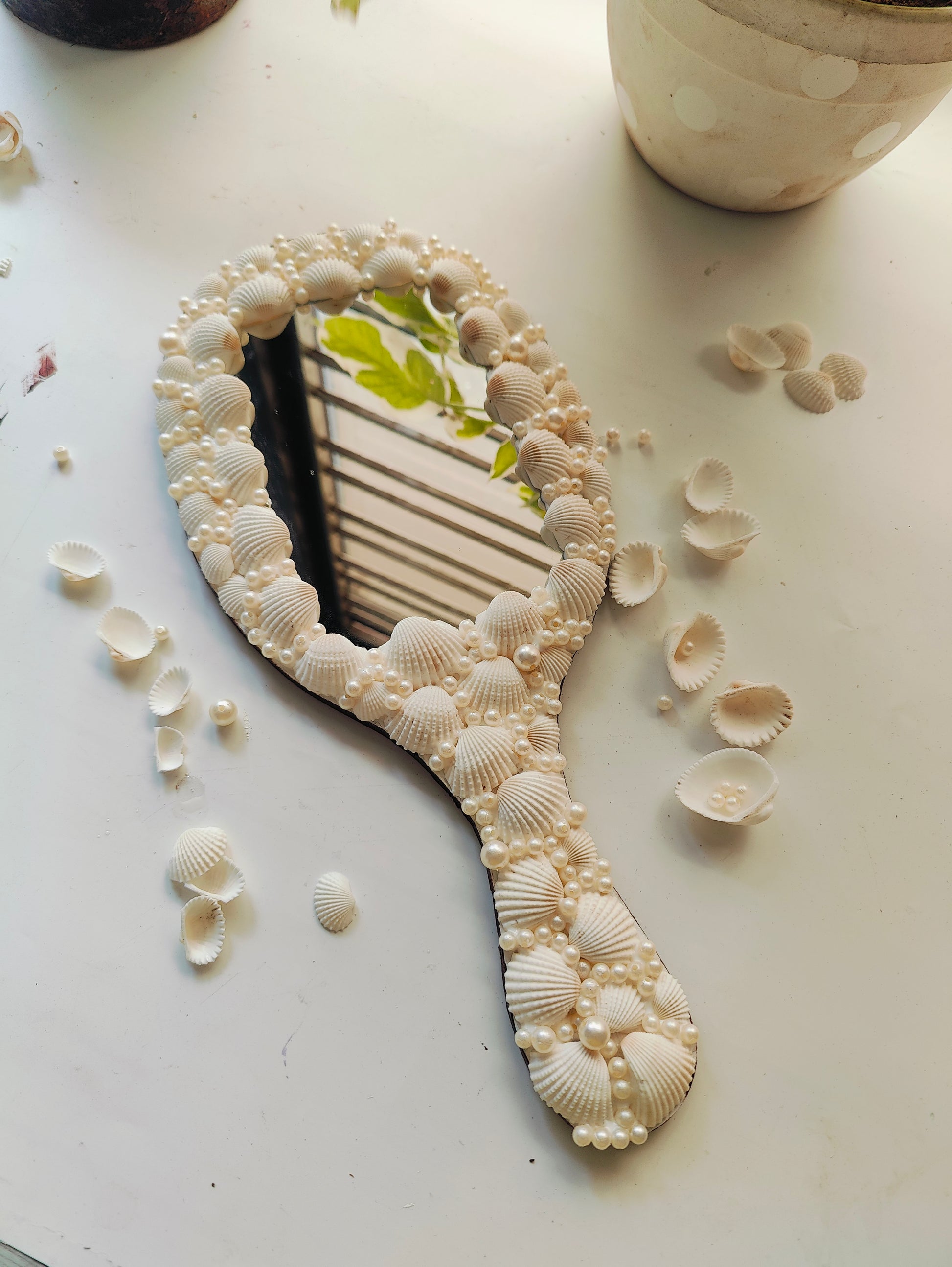 Handcrafted Seashell & Pearl Hand Mirror – Coastal Elegance in Your Palm 14inch - Shellkrafts