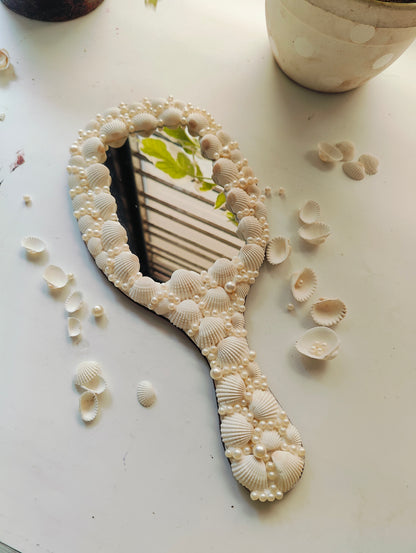 Handcrafted Seashell & Pearl Hand Mirror – Coastal Elegance in Your Palm 14inch - Shellkrafts