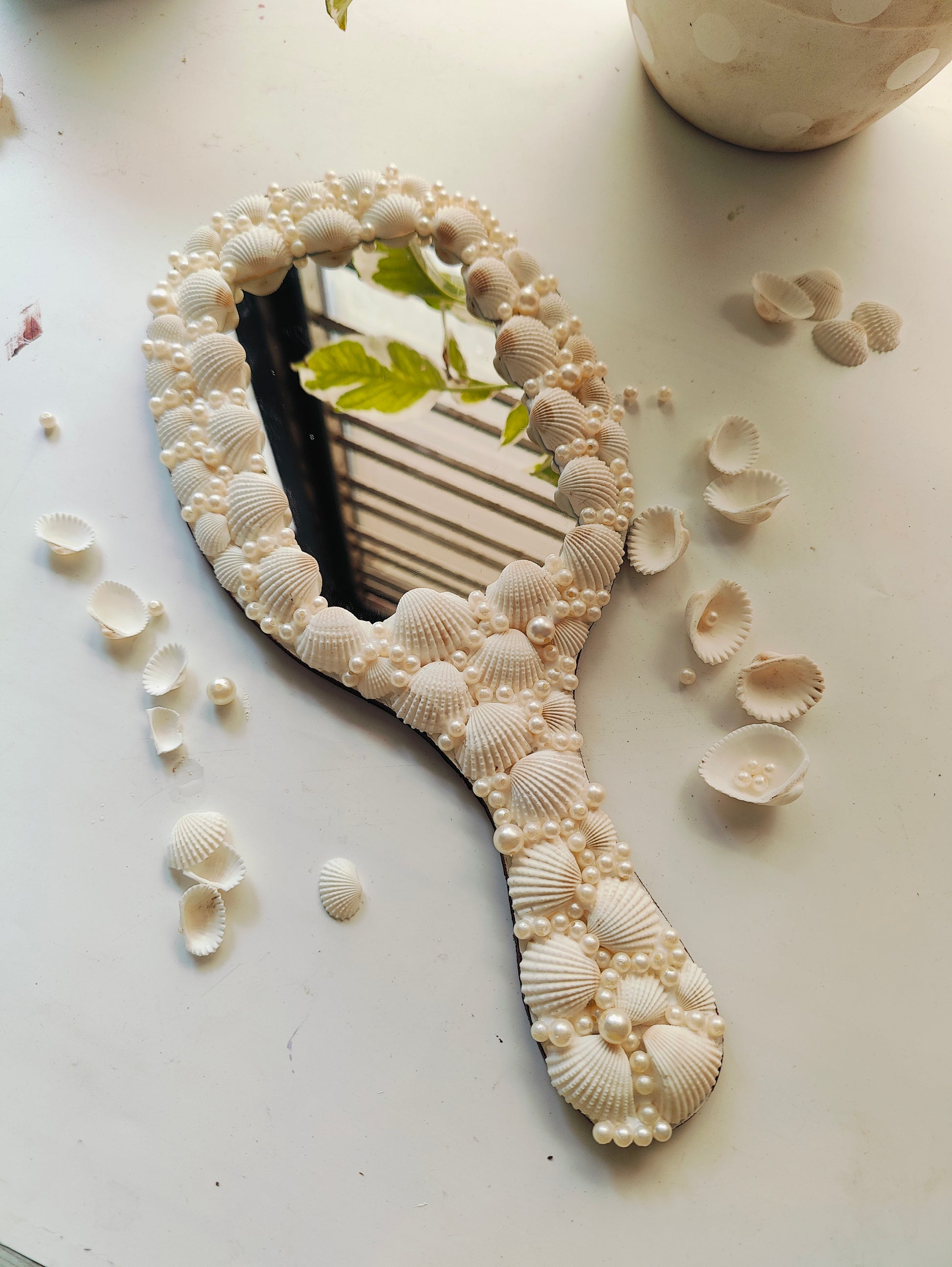 Handcrafted Seashell & Pearl Hand Mirror – Coastal Elegance in Your Palm 14inch - Shellkrafts