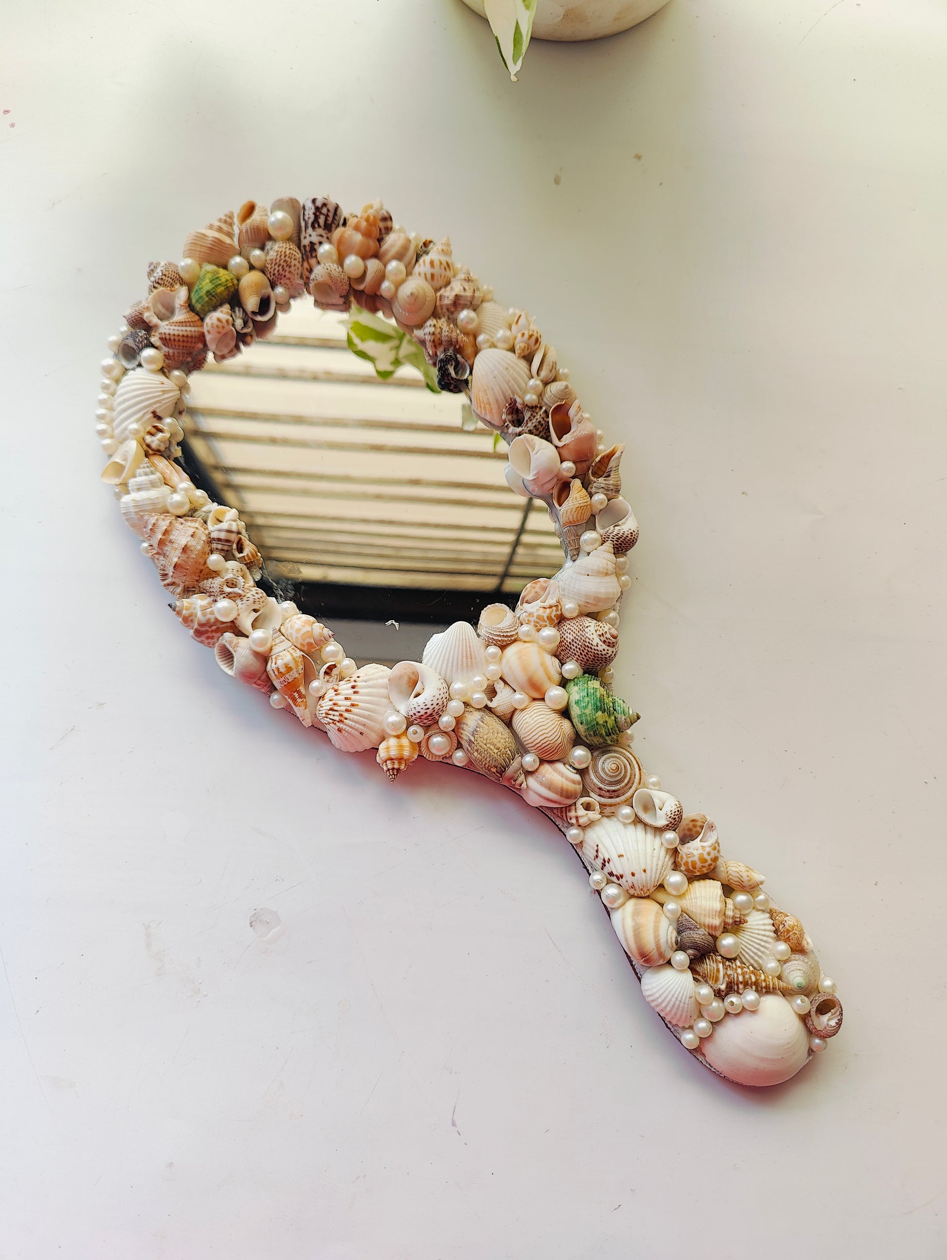 Ocean Glow Sea Shell Hand Mirror – 14" Elegant Beach Vanity Mirror with Mixed Seashells - Shellkrafts