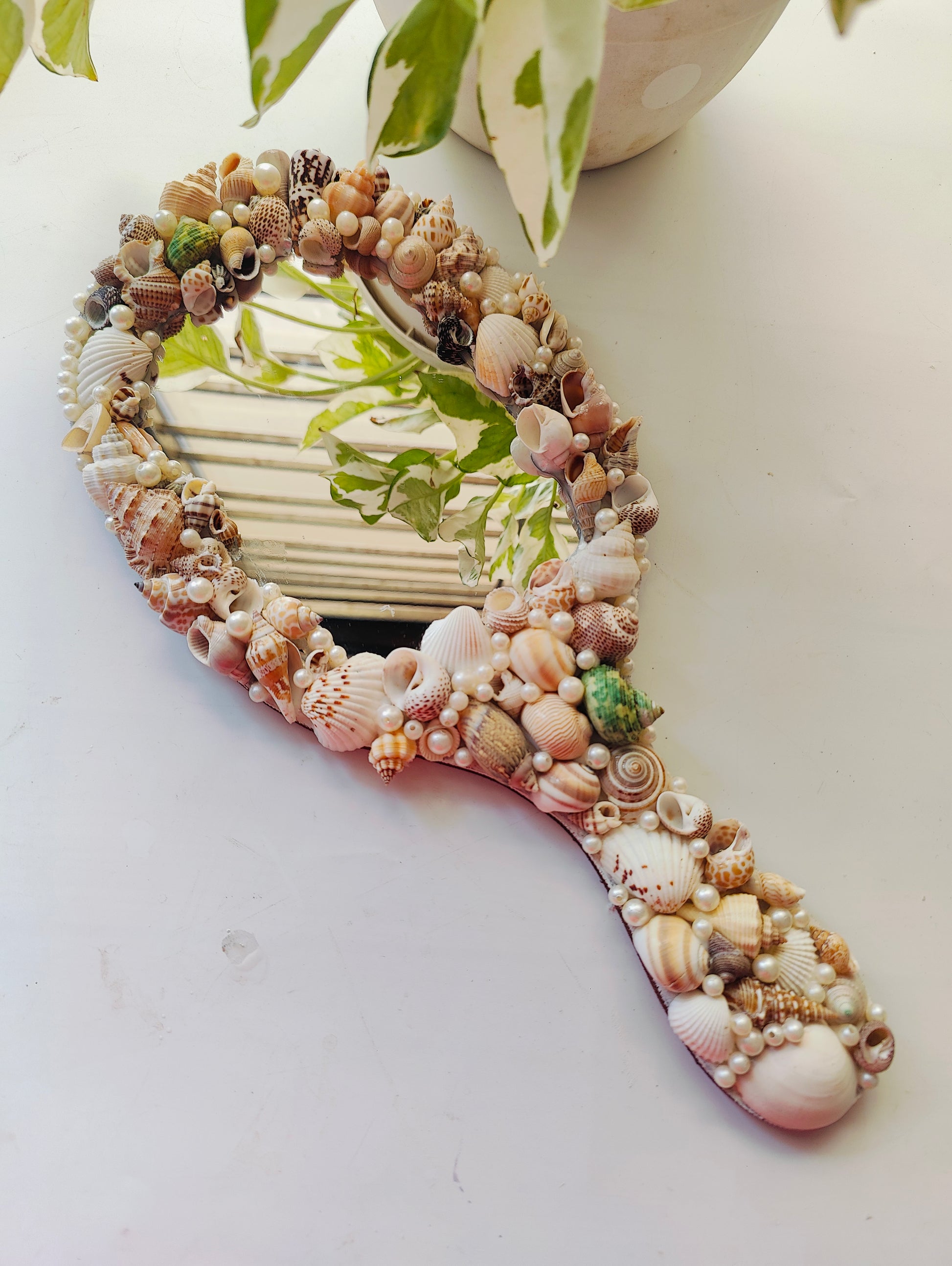 Ocean Glow Sea Shell Hand Mirror – 14" Elegant Beach Vanity Mirror with Mixed Seashells - Shellkrafts