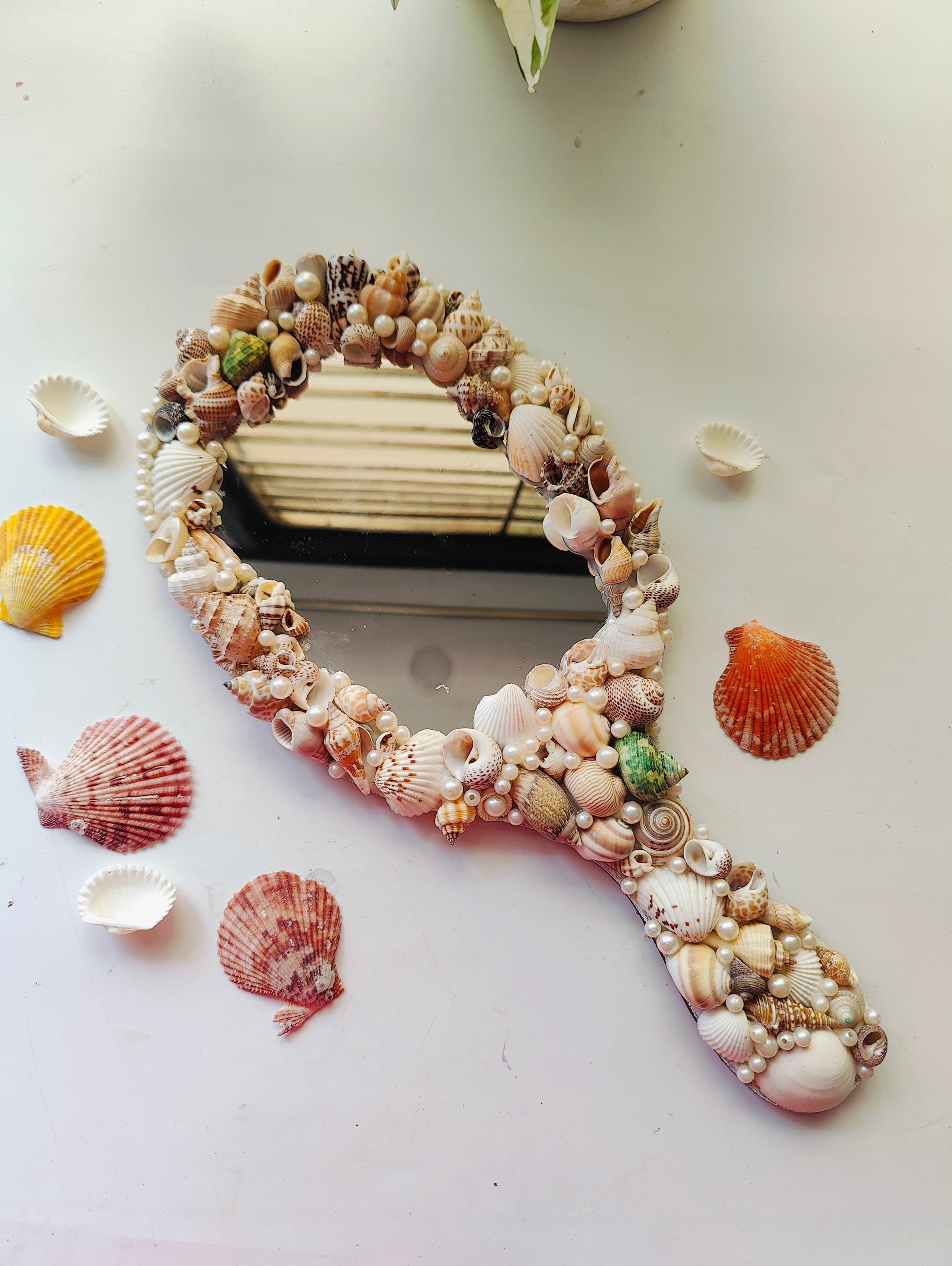 Ocean Glow Sea Shell Hand Mirror – 14" Elegant Beach Vanity Mirror with Mixed Seashells - Shellkrafts