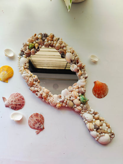 Ocean Glow Sea Shell Hand Mirror – 14" Elegant Beach Vanity Mirror with Mixed Seashells - Shellkrafts