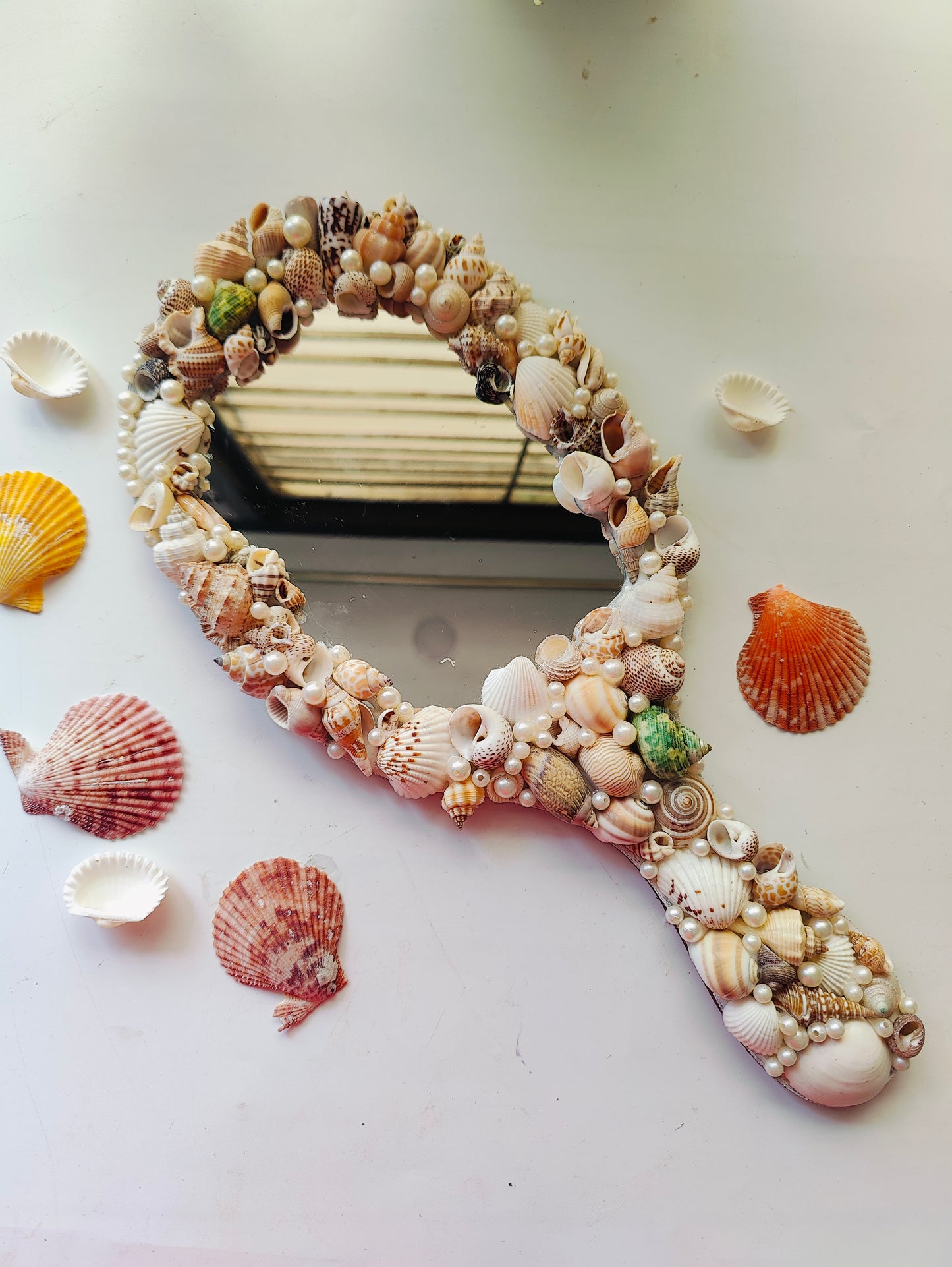 Ocean Glow Sea Shell Hand Mirror – 14" Elegant Beach Vanity Mirror with Mixed Seashells - Shellkrafts