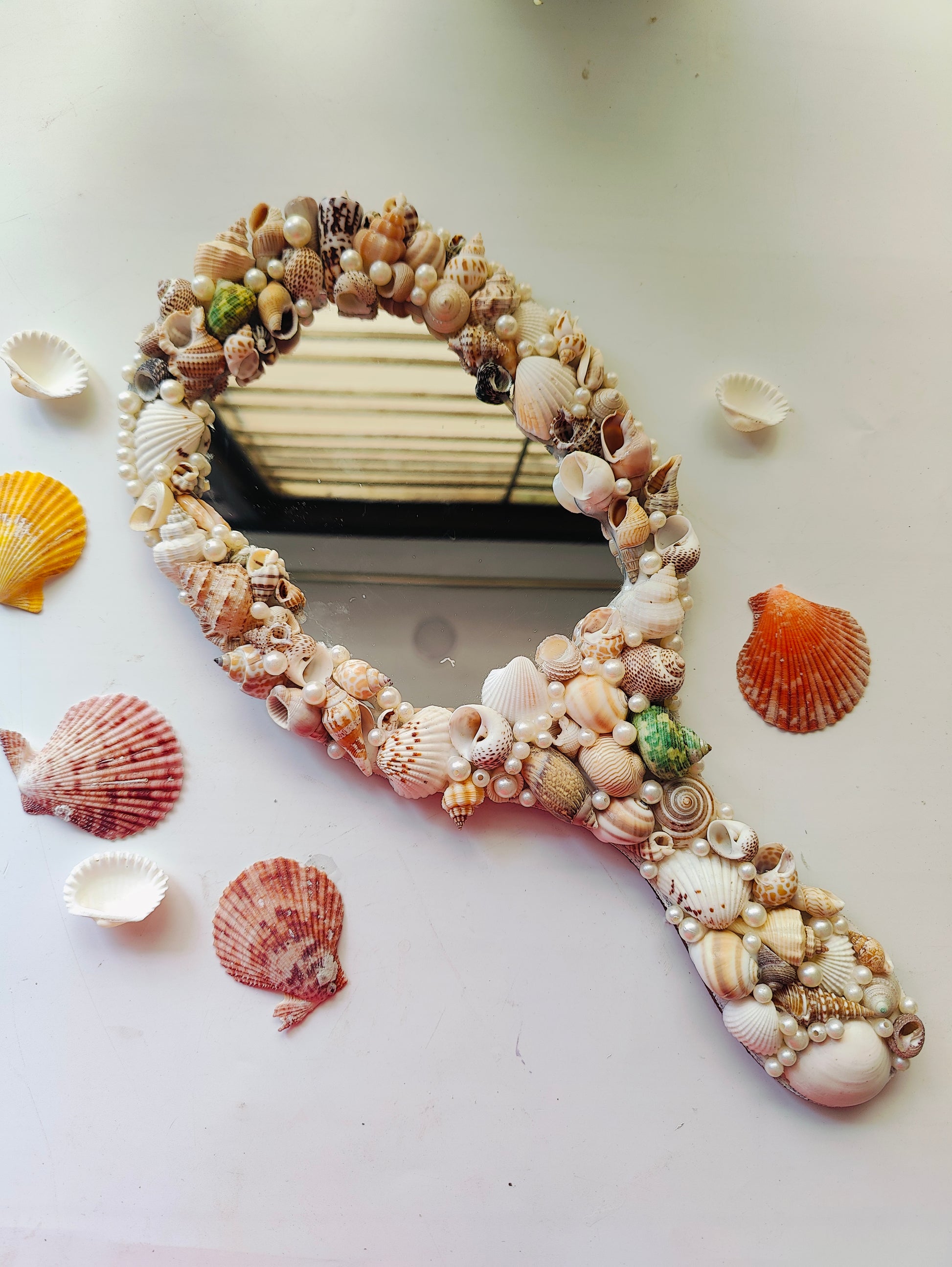 Ocean Glow Sea Shell Hand Mirror – 14" Elegant Beach Vanity Mirror with Mixed Seashells - Shellkrafts