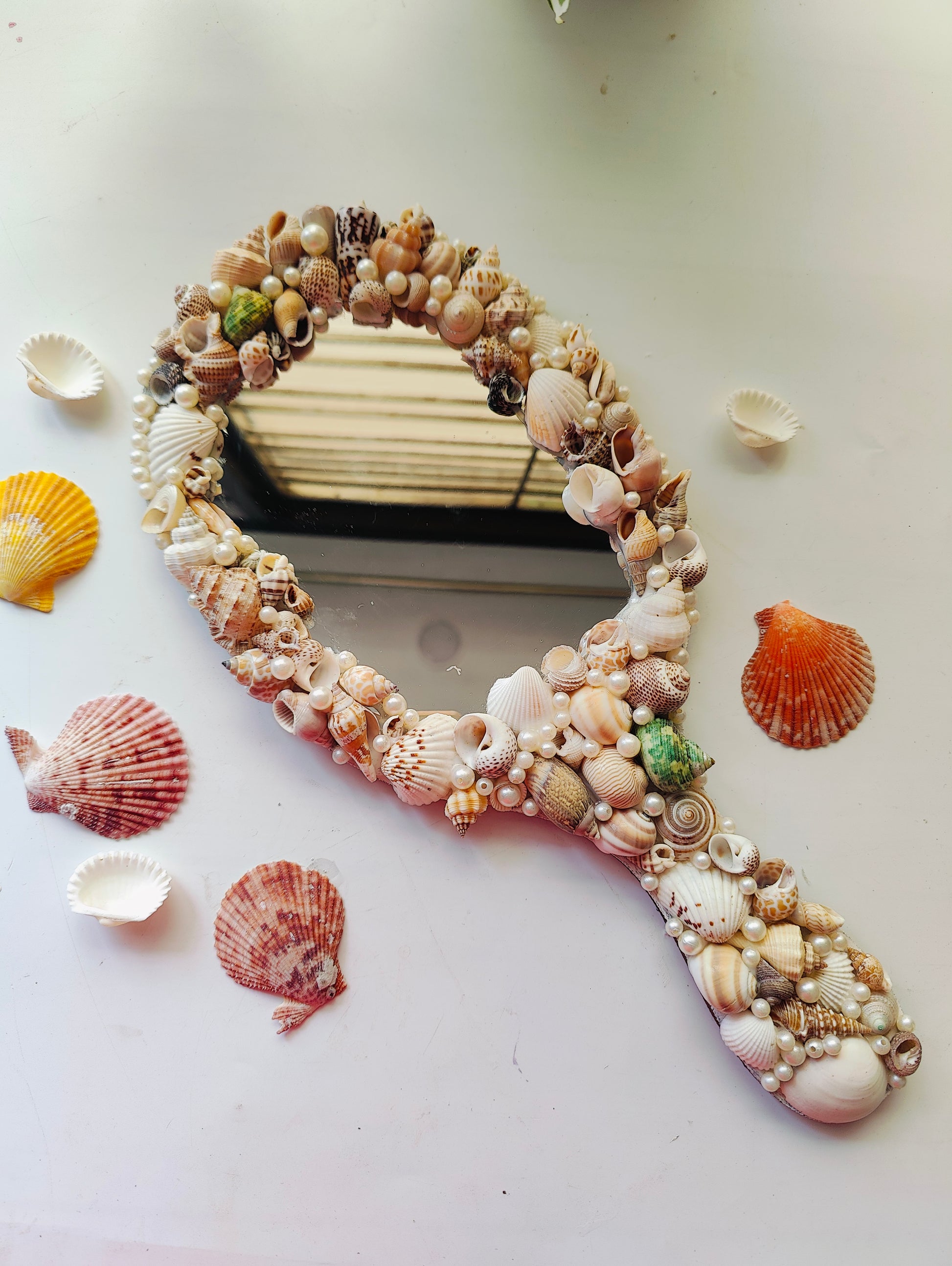 Ocean Glow Sea Shell Hand Mirror – 14" Elegant Beach Vanity Mirror with Mixed Seashells - Shellkrafts