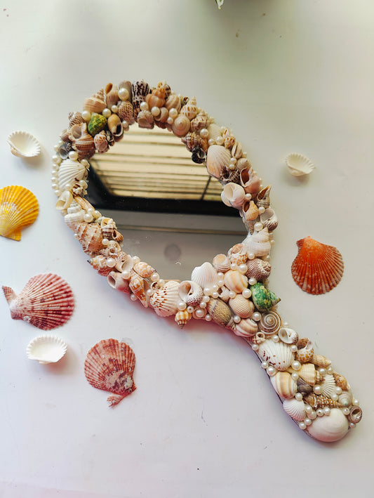 Ocean Glow Sea Shell Hand Mirror – 14" Elegant Beach Vanity Mirror with Mixed Seashells - Shellkrafts