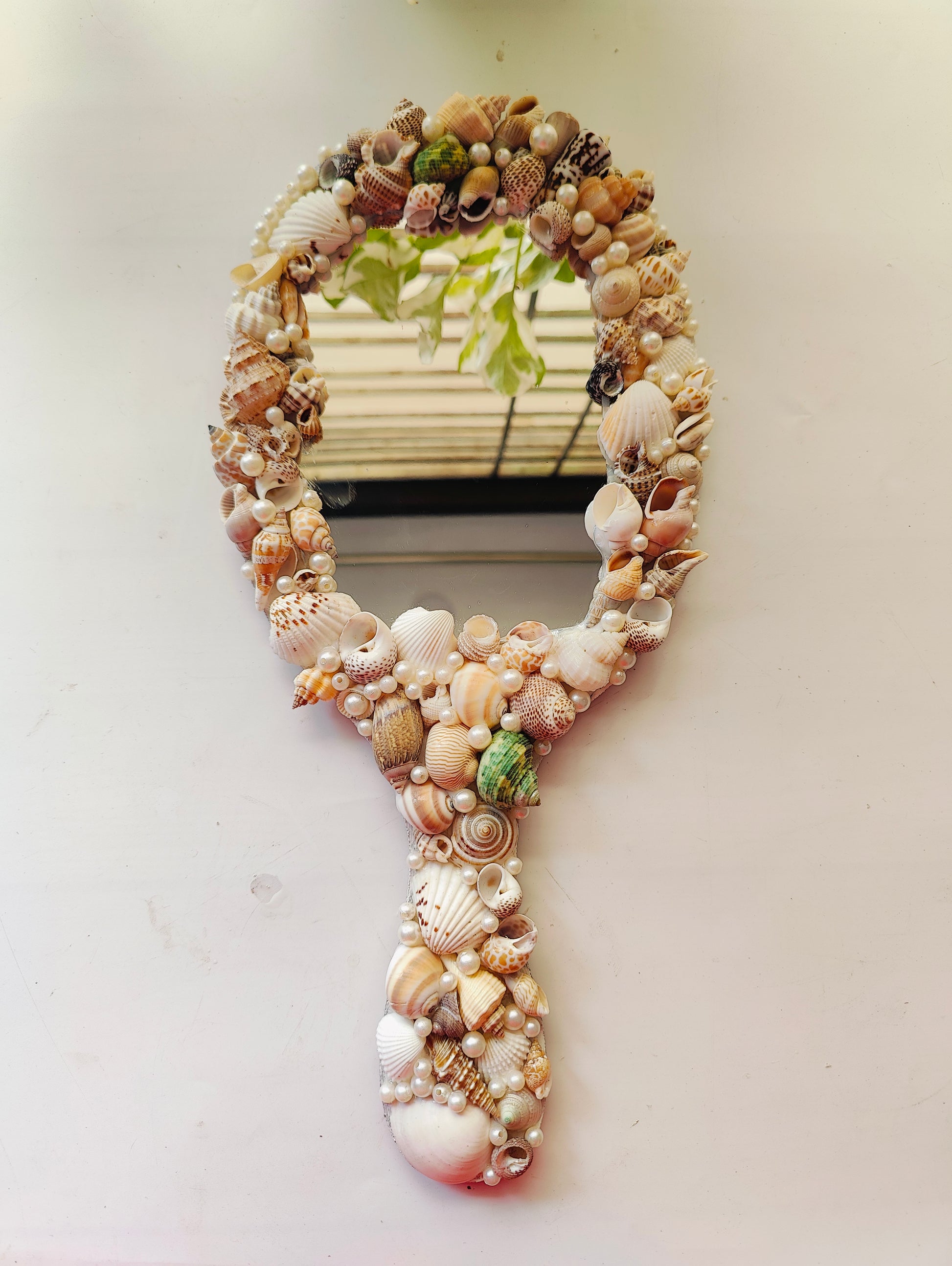 Ocean Glow Sea Shell Hand Mirror – 14" Elegant Beach Vanity Mirror with Mixed Seashells - Shellkrafts