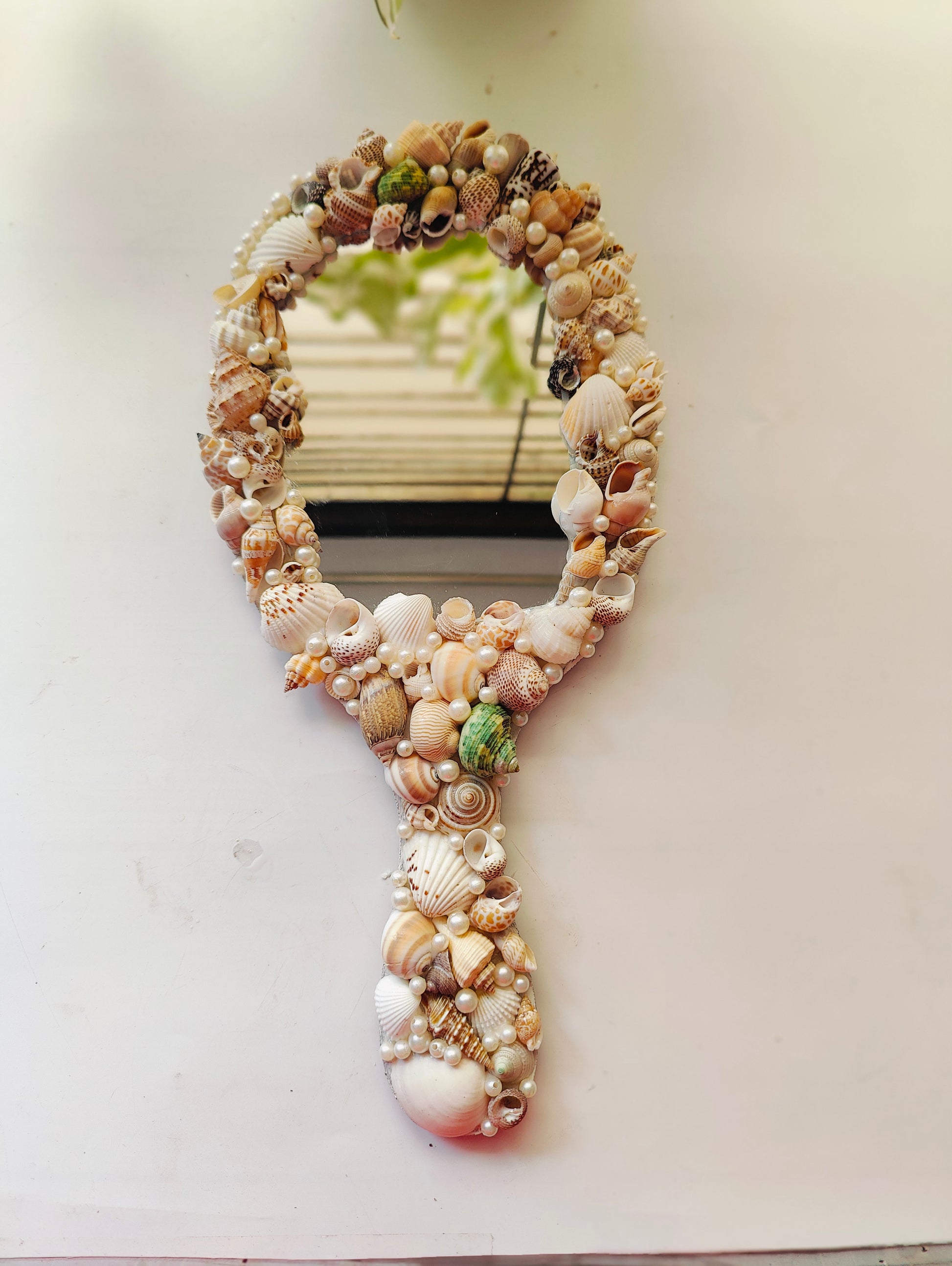 Ocean Glow Sea Shell Hand Mirror – 14" Elegant Beach Vanity Mirror with Mixed Seashells - Shellkrafts