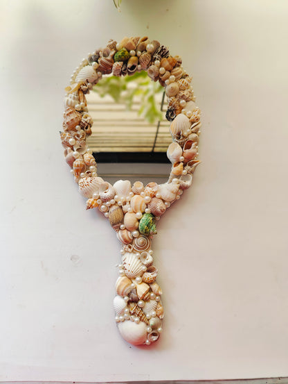 Ocean Glow Sea Shell Hand Mirror – 14" Elegant Beach Vanity Mirror with Mixed Seashells - Shellkrafts