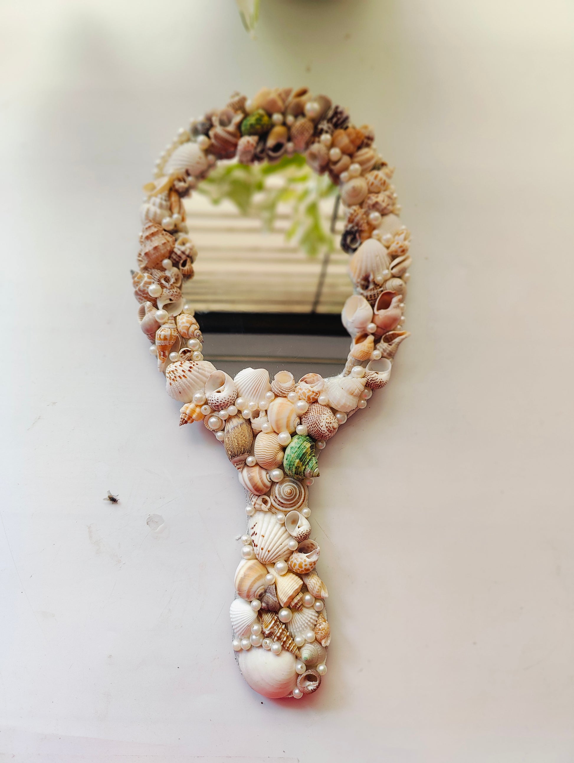 Ocean Glow Sea Shell Hand Mirror – 14" Elegant Beach Vanity Mirror with Mixed Seashells - Shellkrafts