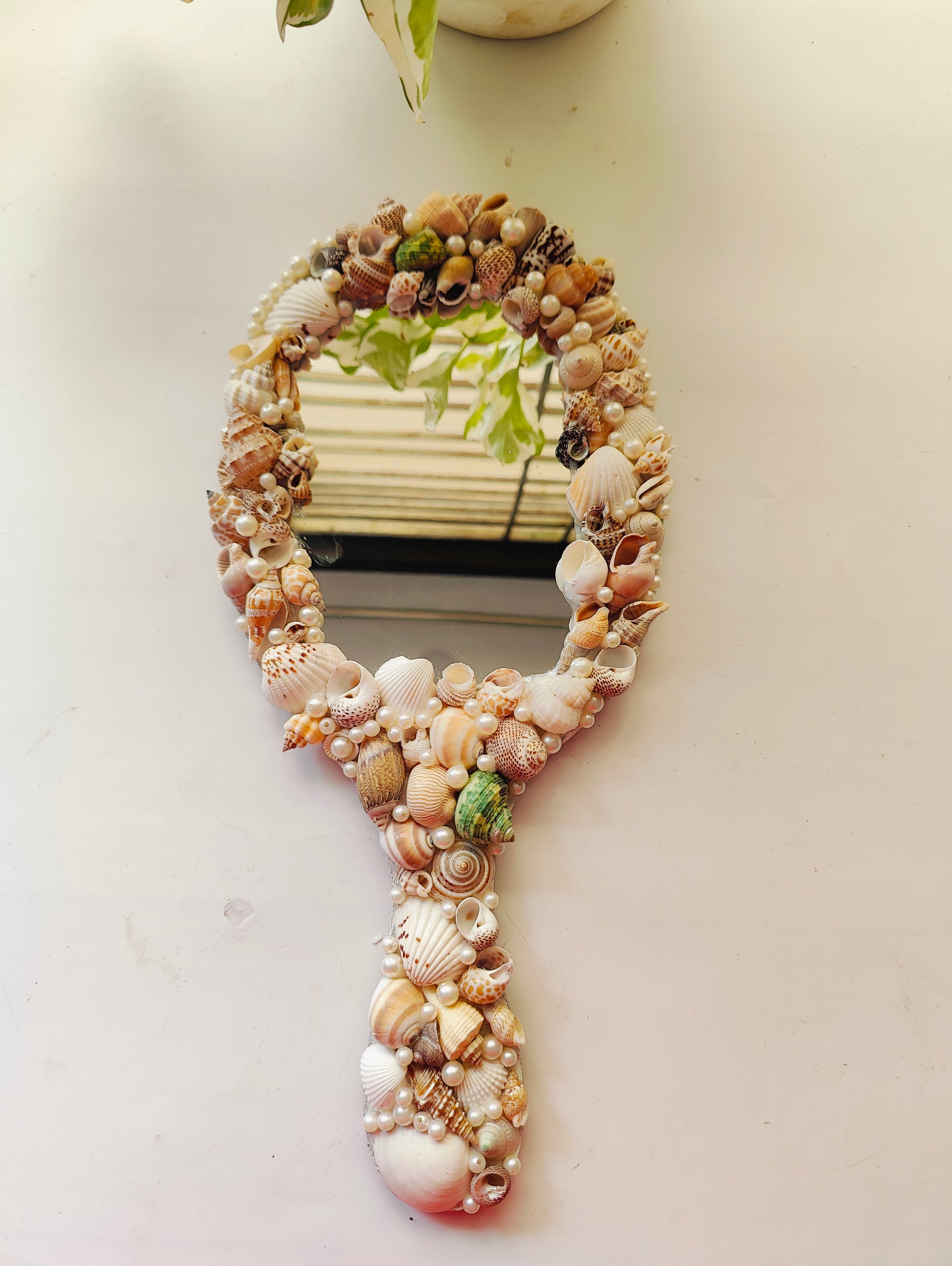 Ocean Glow Sea Shell Hand Mirror – 14" Elegant Beach Vanity Mirror with Mixed Seashells - Shellkrafts