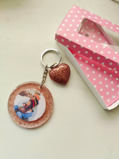 Personalized Photo Keychain with Glitter Heart Charm – Custom Gift - Shellkrafts