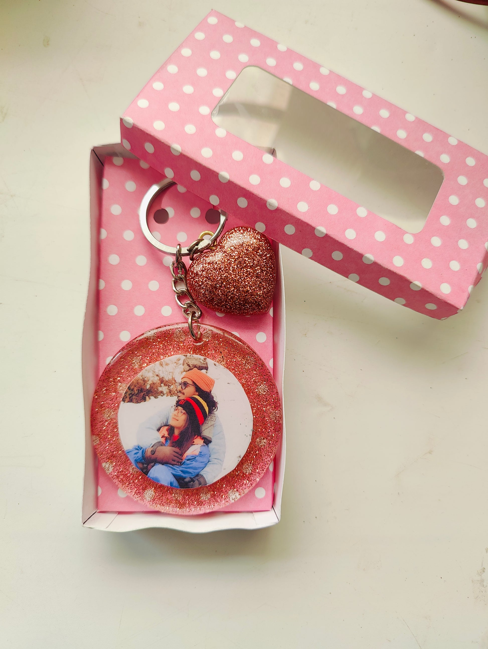 Personalized Photo Keychain with Glitter Heart Charm – Custom Gift - Shellkrafts