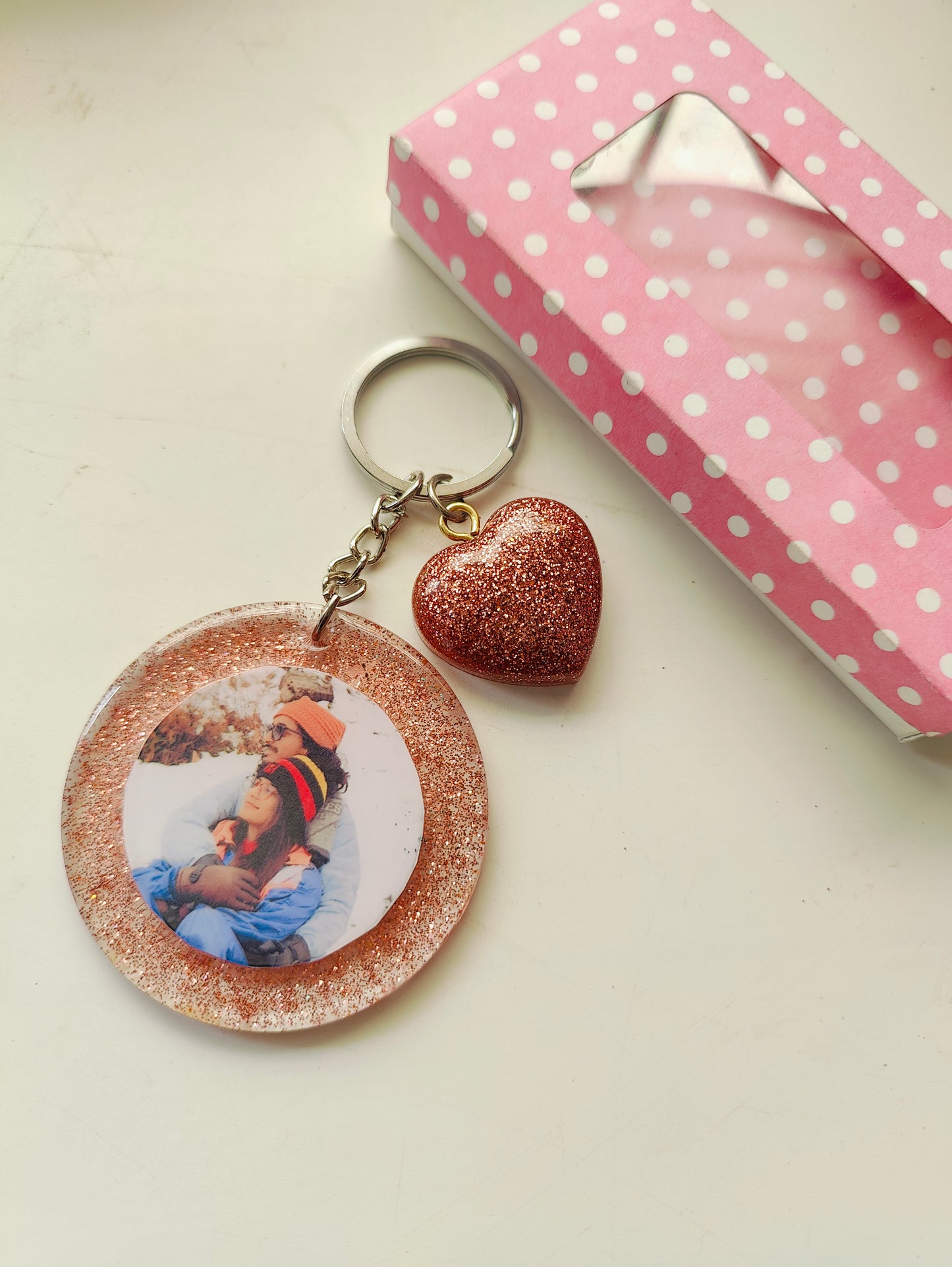 Personalized Photo Keychain with Glitter Heart Charm – Custom Gift - Shellkrafts