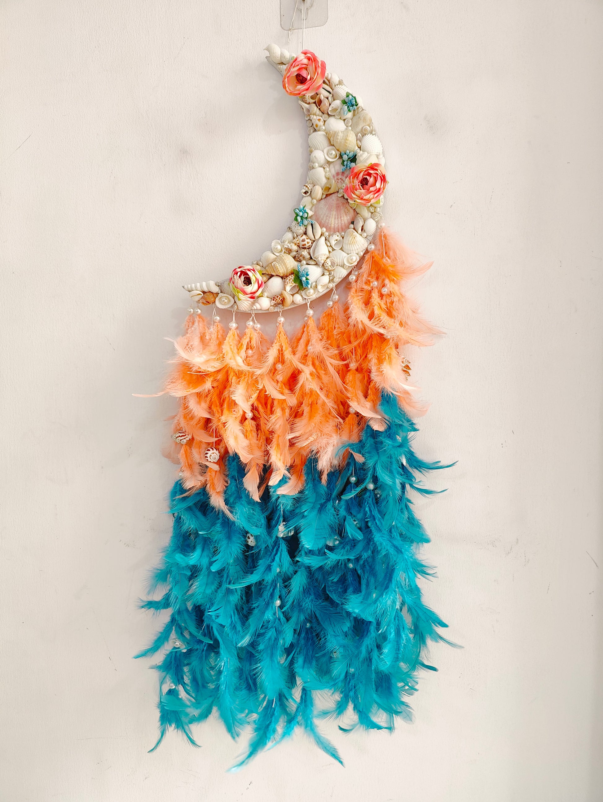Boho Moonlit Seashell Dream Catcher – Coral & Teal Elegance 34inch - Shellkrafts