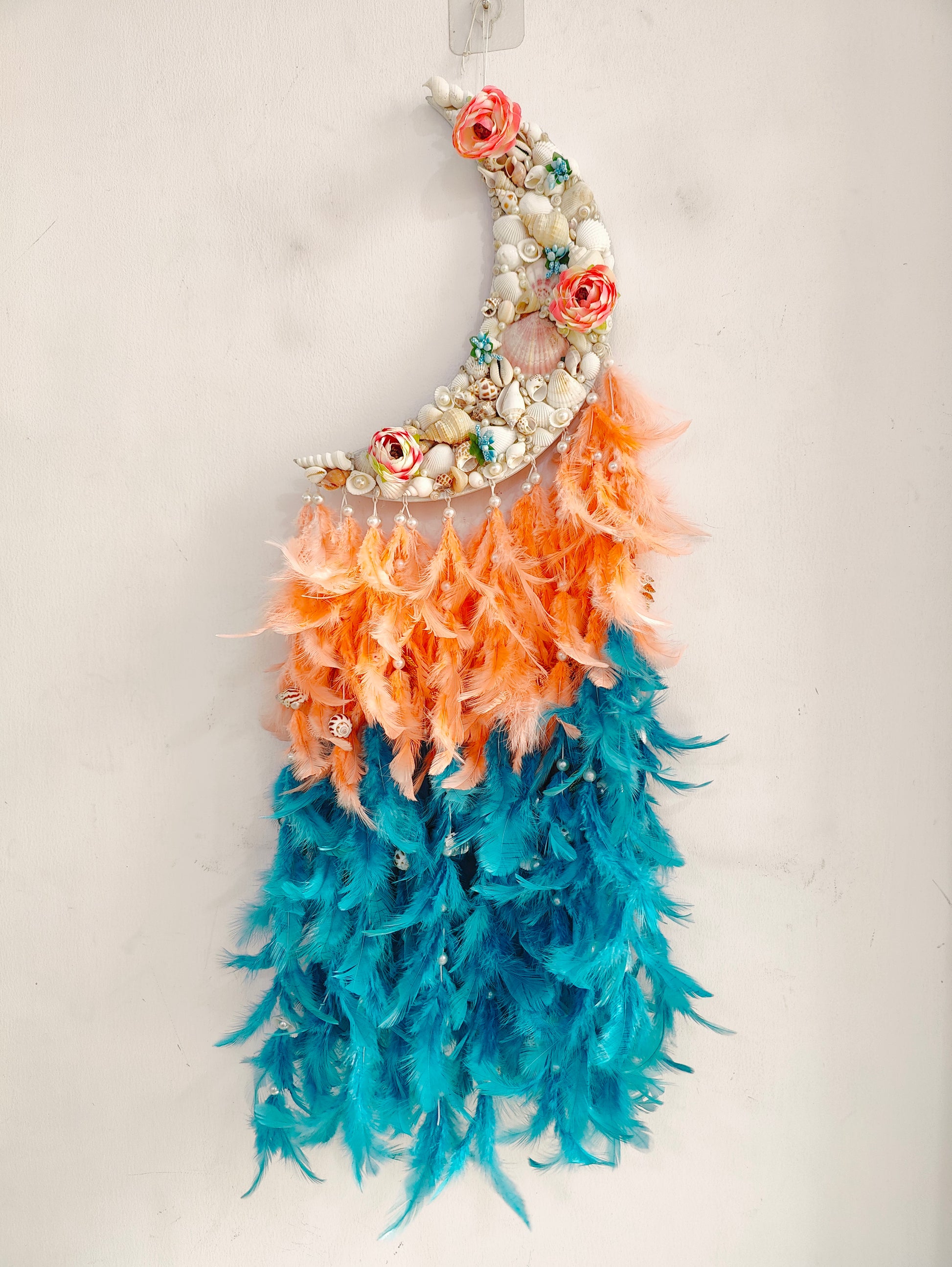 Boho Moonlit Seashell Dream Catcher – Coral & Teal Elegance 34inch - Shellkrafts
