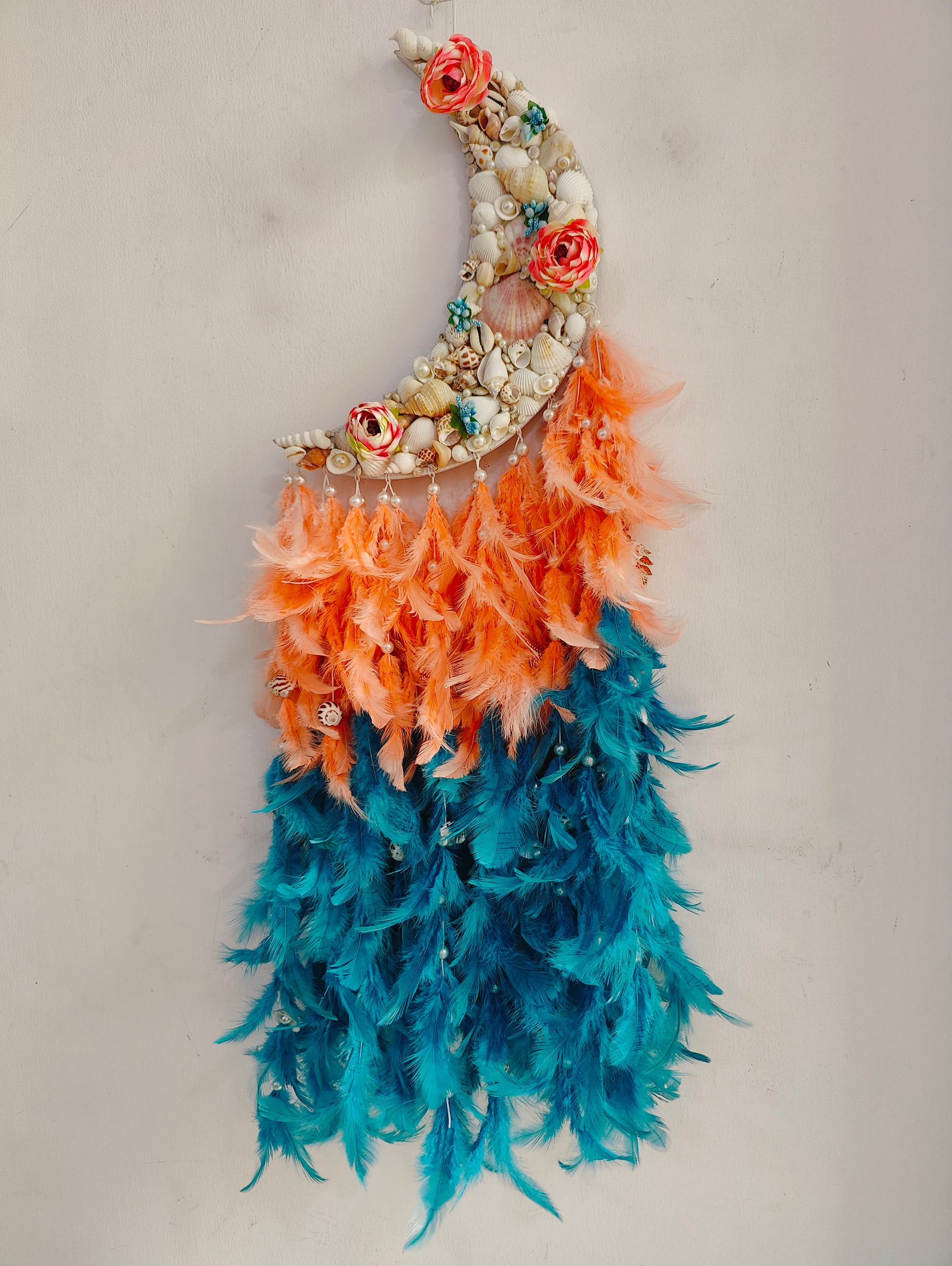 Boho Moonlit Seashell Dream Catcher – Coral & Teal Elegance 34inch - Shellkrafts