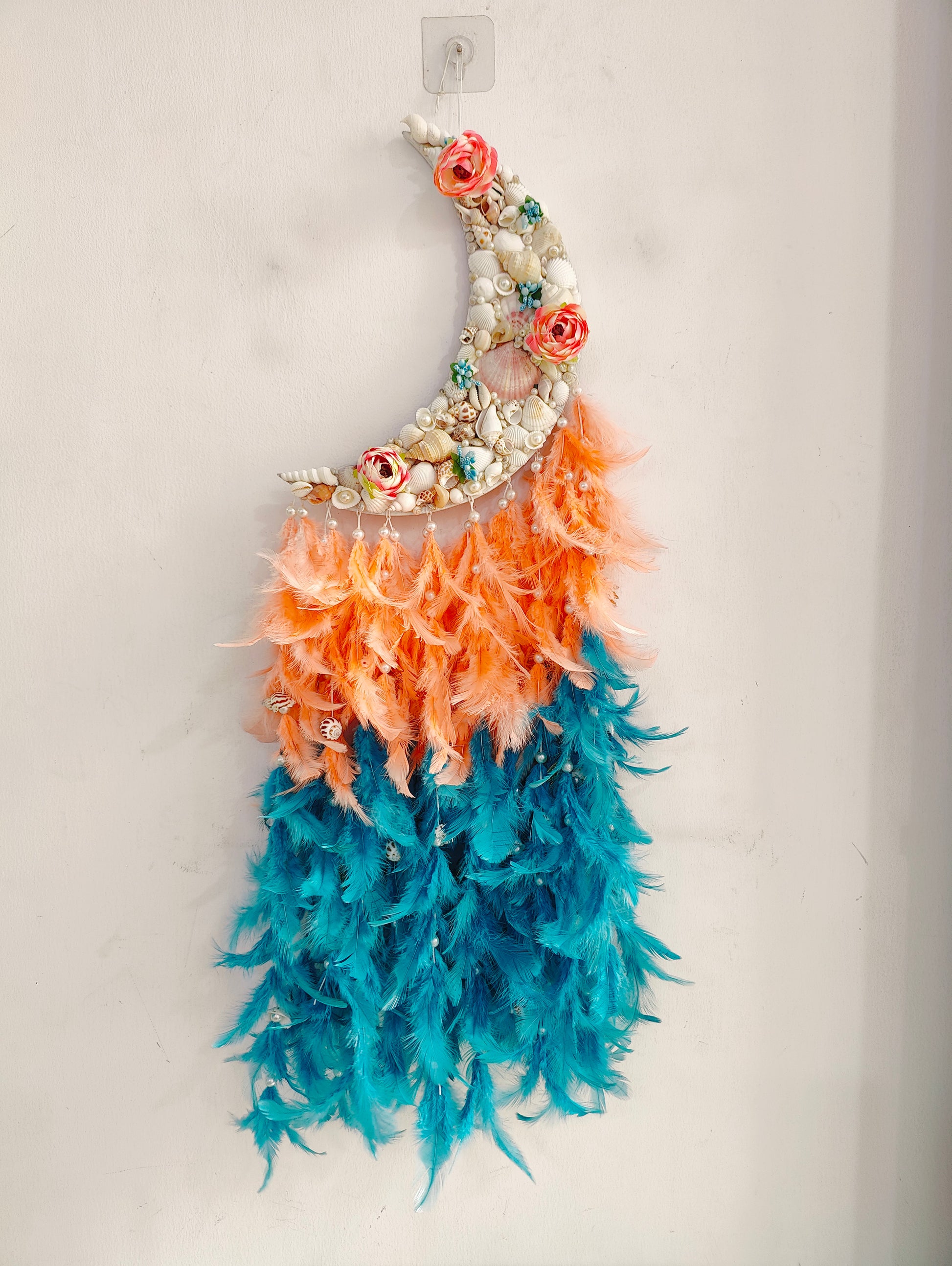 Boho Moonlit Seashell Dream Catcher – Coral & Teal Elegance 34inch - Shellkrafts