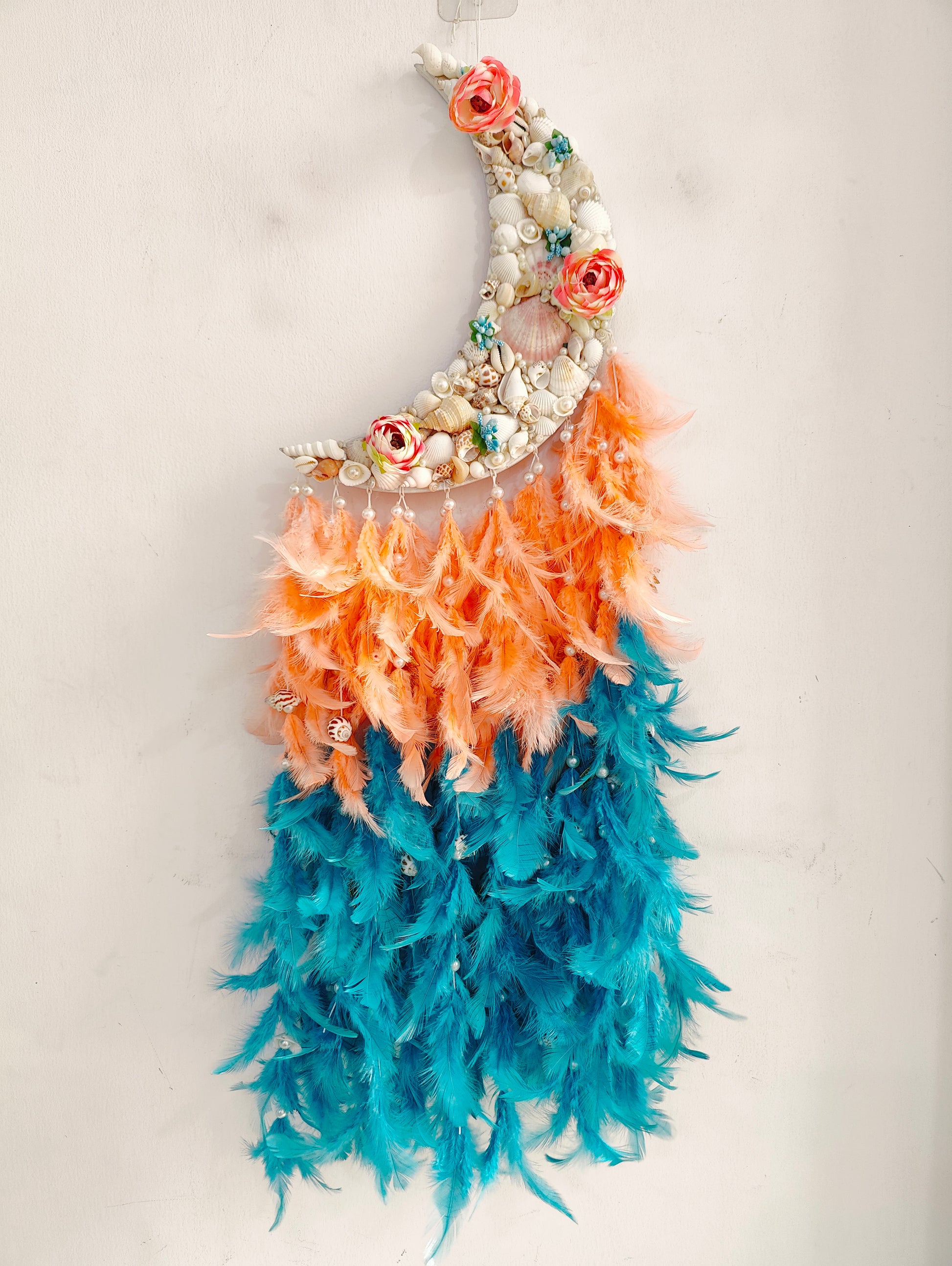 Boho Moonlit Seashell Dream Catcher – Coral & Teal Elegance 34inch - Shellkrafts