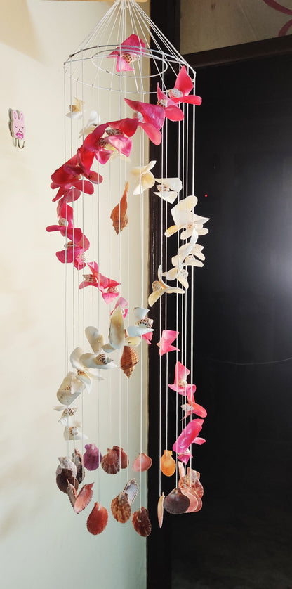Tropical Sea Shell and Floral Wind Chime – Coastal Boho Hanging Decor - Shellkrafts
