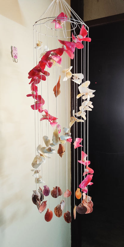 Tropical Sea Shell and Floral Wind Chime – Coastal Boho Hanging Decor - Shellkrafts