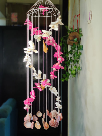 Tropical Sea Shell and Floral Wind Chime – Coastal Boho Hanging Decor - Shellkrafts