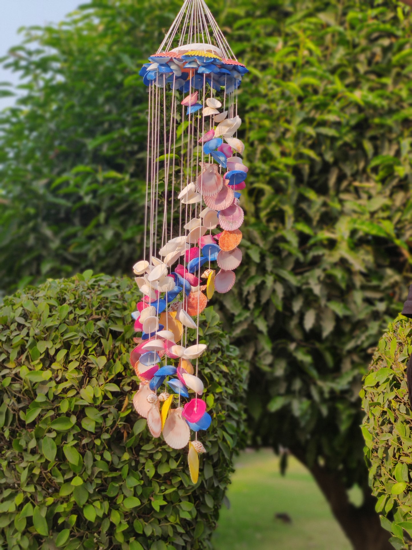 Spiral Symphony: Handcrafted Colorful Seashell Wind Chime 35Inch - Shellkrafts