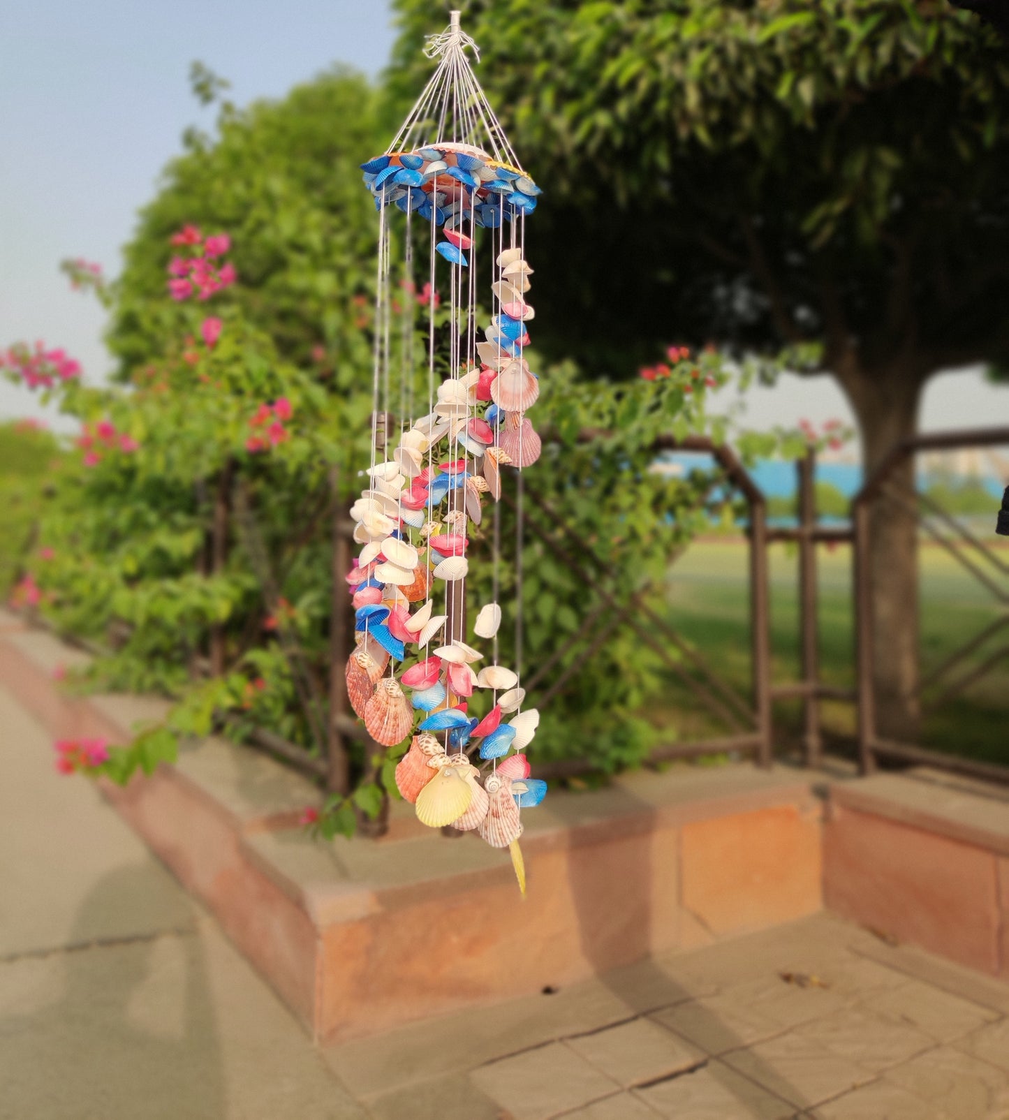 Spiral Symphony: Handcrafted Colorful Seashell Wind Chime 35Inch - Shellkrafts