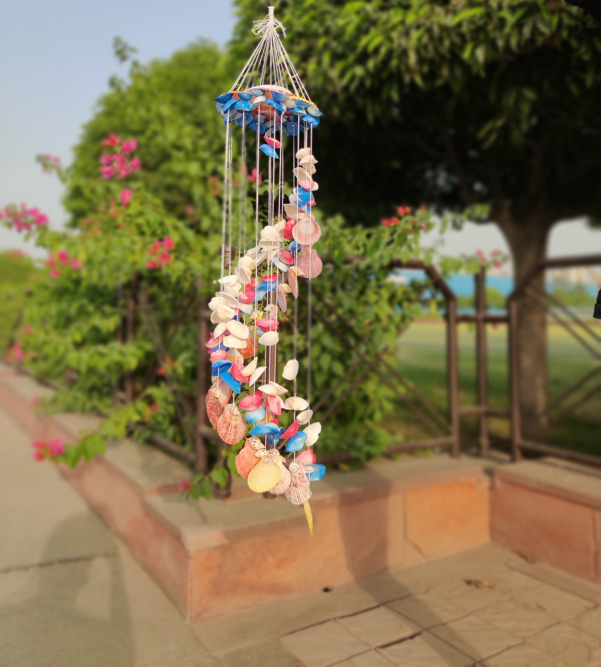 Spiral Symphony: Handcrafted Colorful Seashell Wind Chime 35Inch - Shellkrafts
