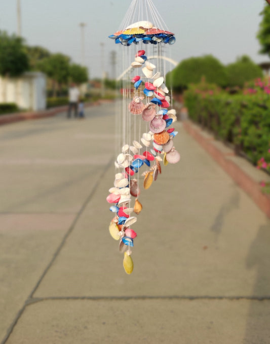 Spiral Symphony: Handcrafted Colorful Seashell Wind Chime 35Inch - Shellkrafts