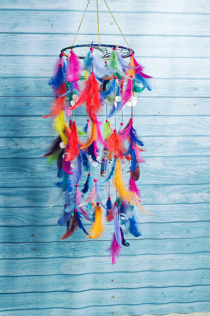 Handcrafted Boho Feather Chandelier – Colorful Hanging Décor with Soft Lighting 25inch - Shellkrafts