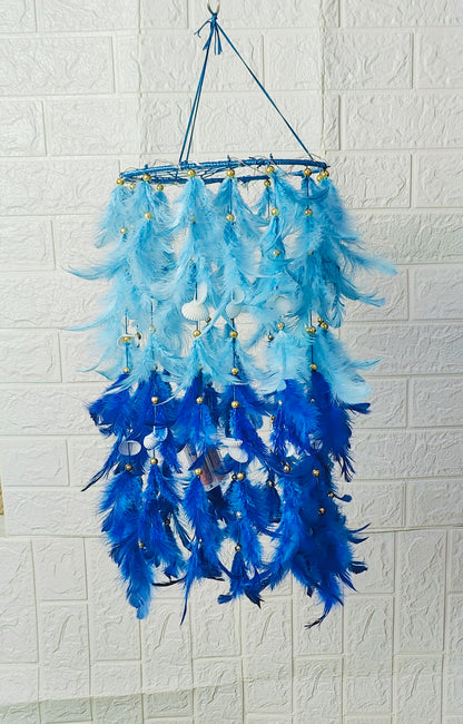 Handcrafted Boho Feather Chandelier – Blue Hanging Décor with Soft Lighting - Shellkrafts