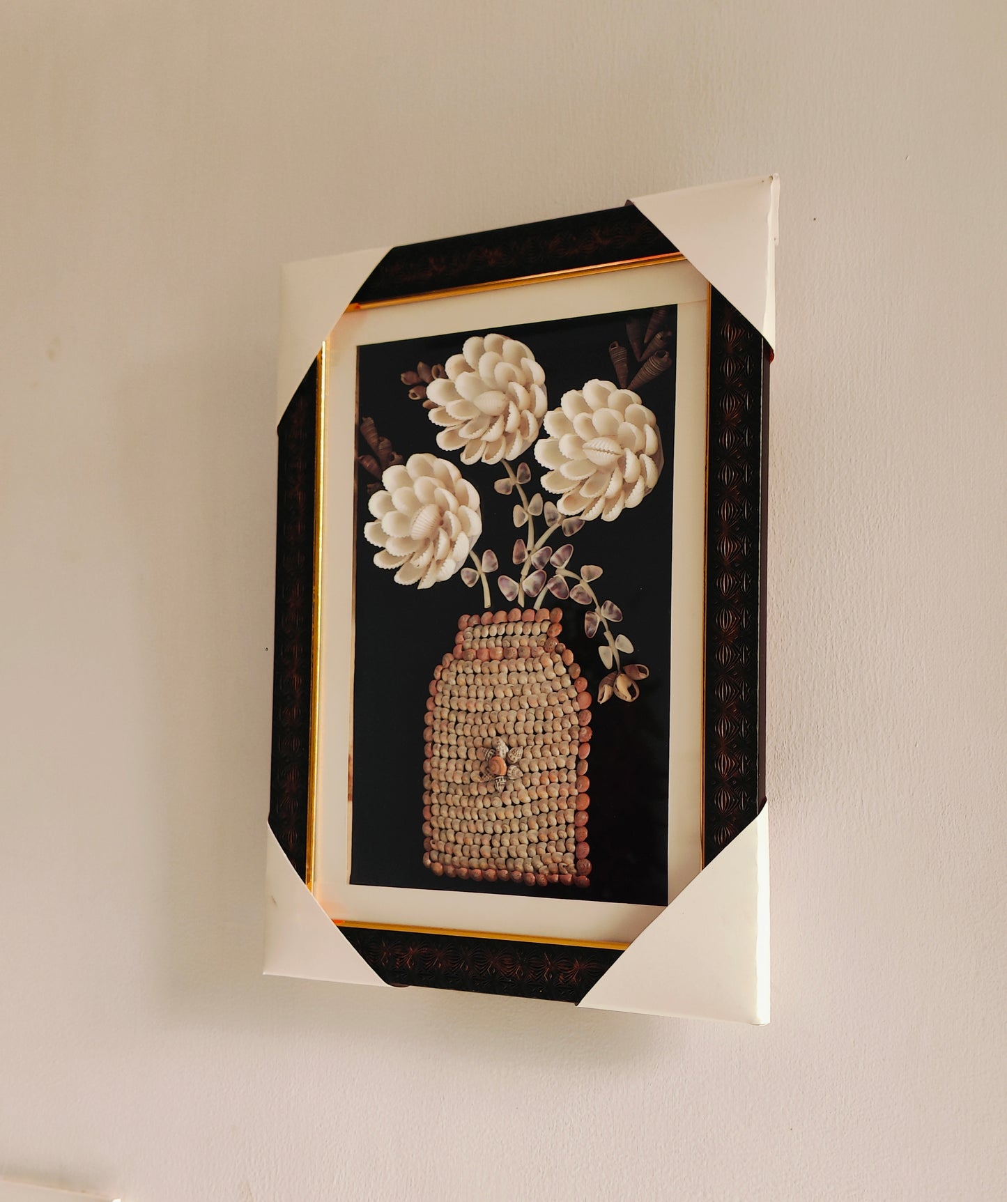 Elegant Handcrafted Seashell Flower Art with Ornate Frame