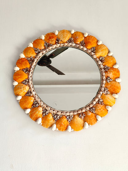 Handcrafted Round Seashell Mirror – Vibrant Orange Coastal Wall Décor 15inch - Shellkrafts